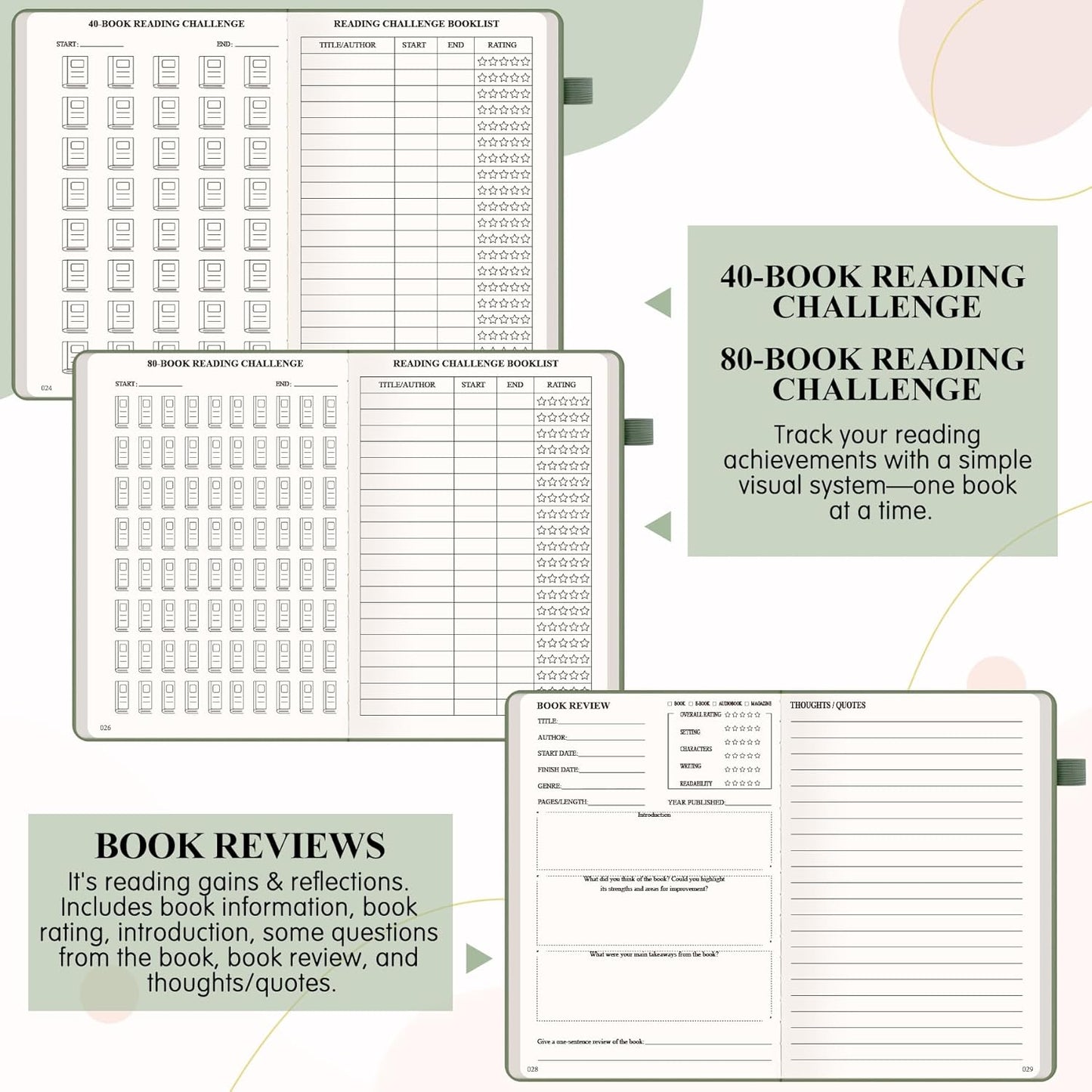 AKONEGE Reading Journal for Book Tracking - A5 PU Leather Book Journal Reading Log with 80 Reviews for Readers, Accessories with Sticky Tabs, Pen Holder, Ribbon Bookmarks, 5.6" x 8.3", Dark Green