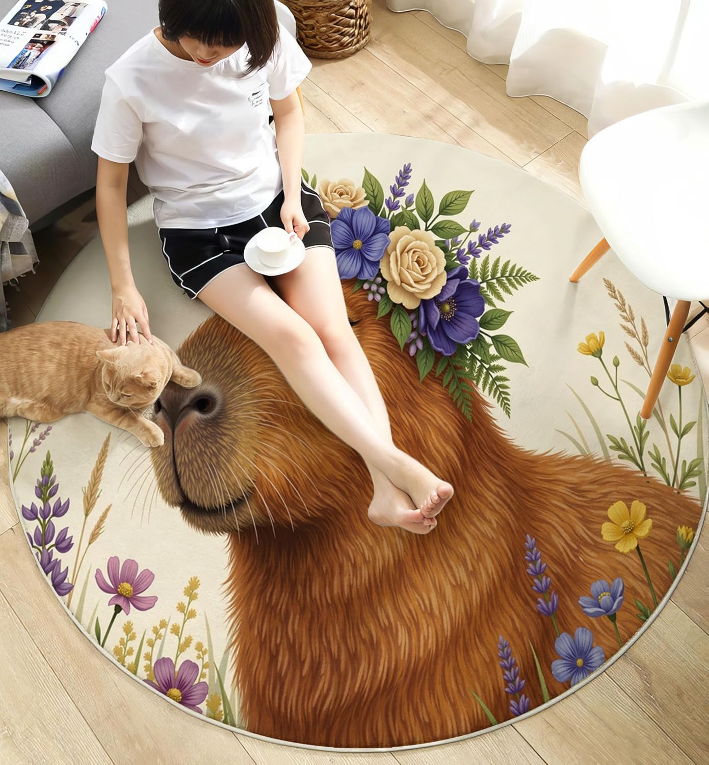 Round Rug for Kids Room, Country Style Floral Capybara Round Rugs 6Ft, Natural Animals Circle Rug, Beige Brown Washable Circle Carpet for Living Room Bedroom, Non Slip Low Pile Thin Area Rugs