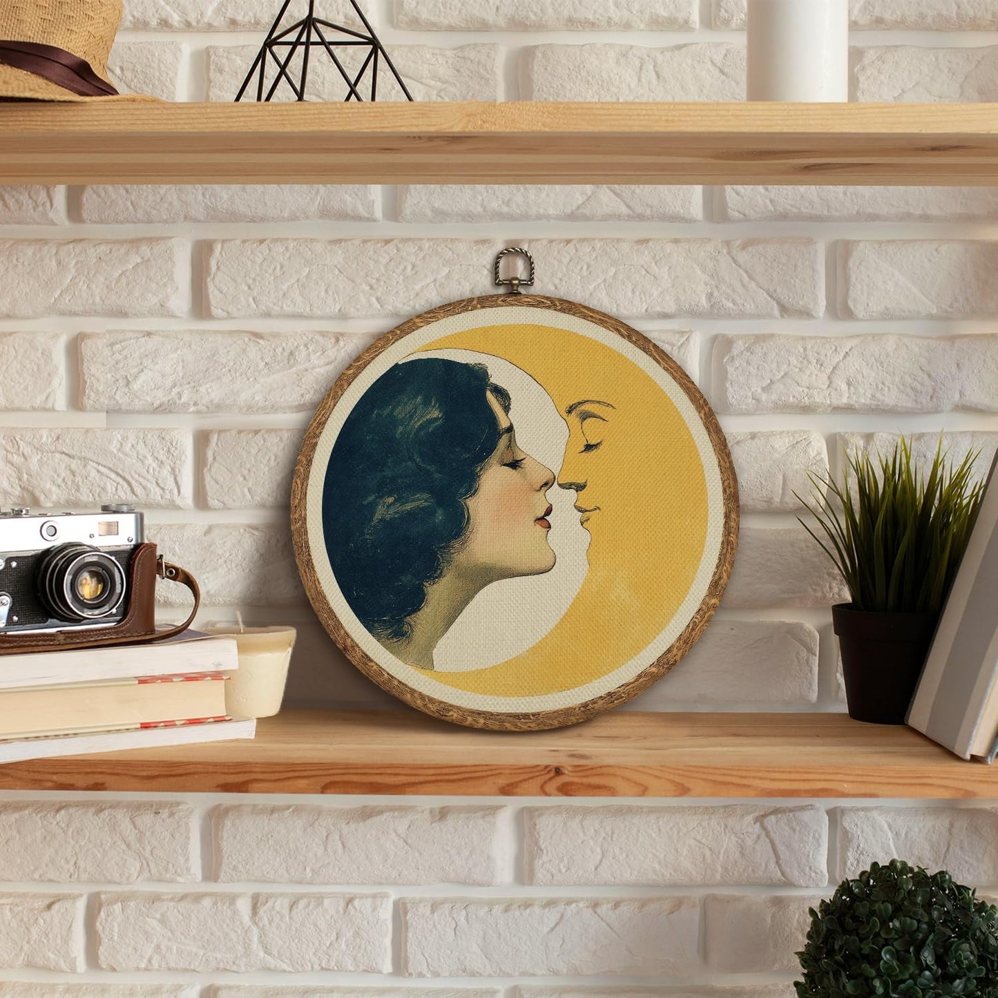 Romantic Moon and Young Girl Wall Art,Vintage-Inspired Celestial Linen Print Round Artwork ,Surreal Moon and Woman Hanging Decor for Bedroom, Living Room, or Dreamy Space 10''x10''(Ggolden-moon and Girl)