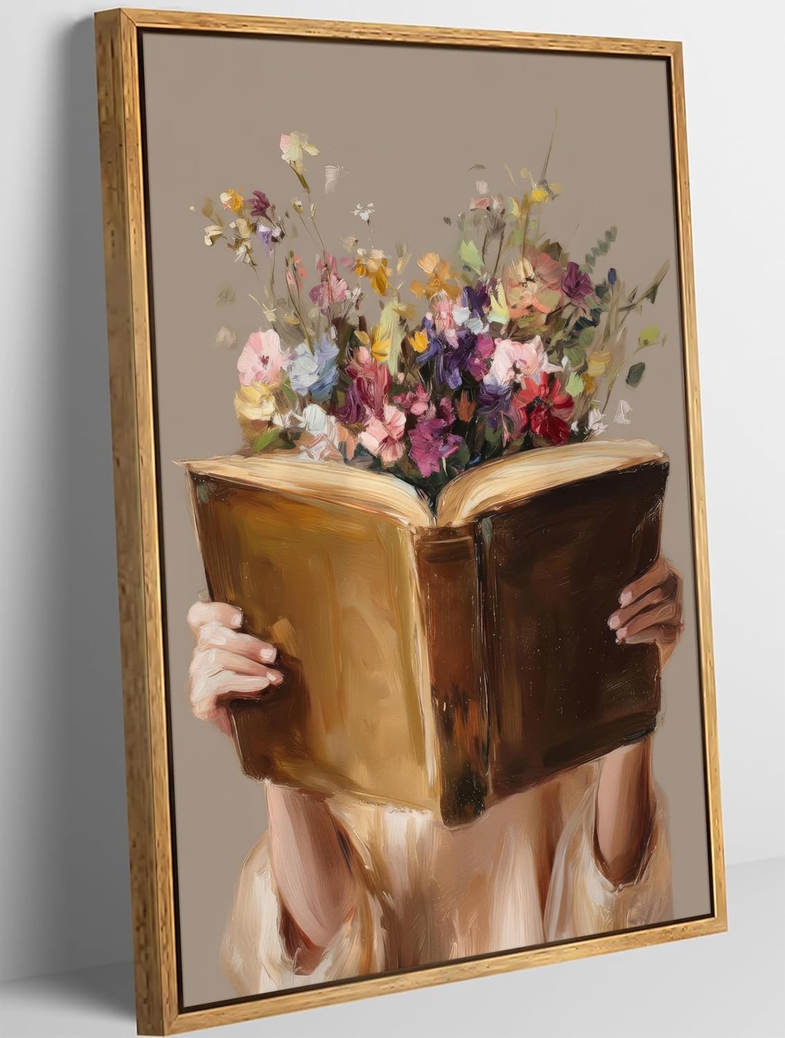 Framed Vintage Reading Woman Wall Art Floral Book Painting Picture Canvas Wall Decor Reading Aesthetic Poster Print Artwork for Library Living Room Dorm Bedroom Home Decoration