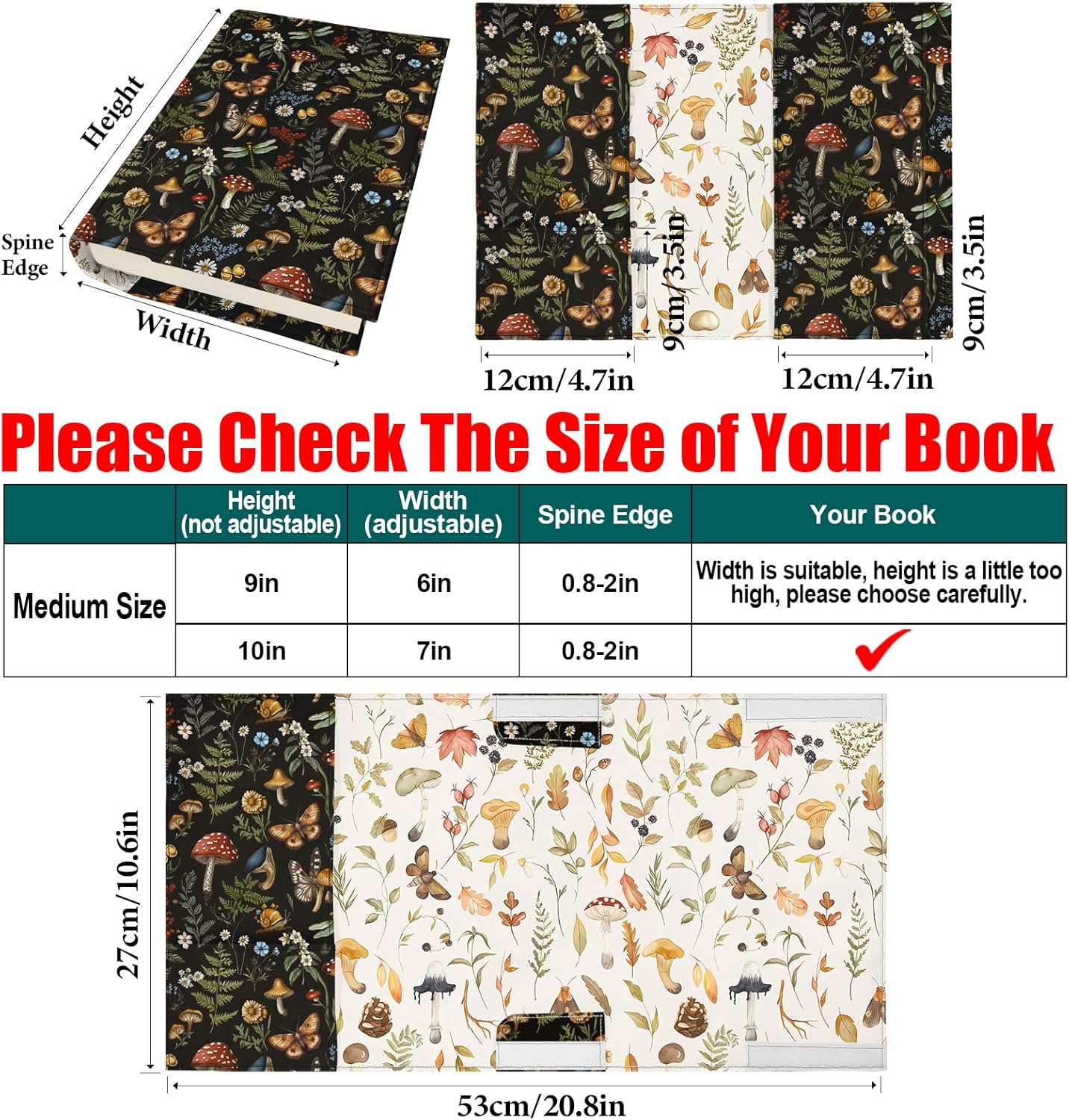 Boho Butterfly Mushroom Book Cover for Hardcover Paperback,Adjustable Soft Canvas Fabric Book Protector with Pocket Bookmark,Double Side Floral Print Book Dust Jacket Covers for Book Lovers Gift