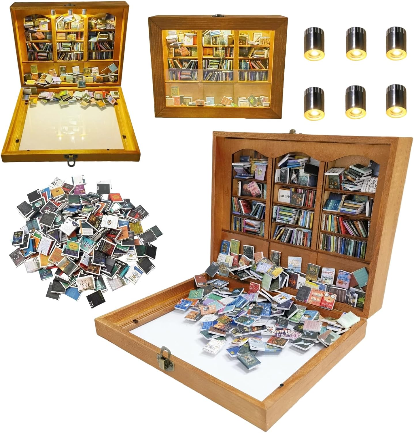 Anxiety Bookshelf with 6 Decorative Mini Lights and 400 Mini Book Pieces, Miniature Bookshelf, Book Organizer for Office Desk, Library Decor for Tiny Home and Bookish Spaces, 10.2 x 9.1 x 3.1 in