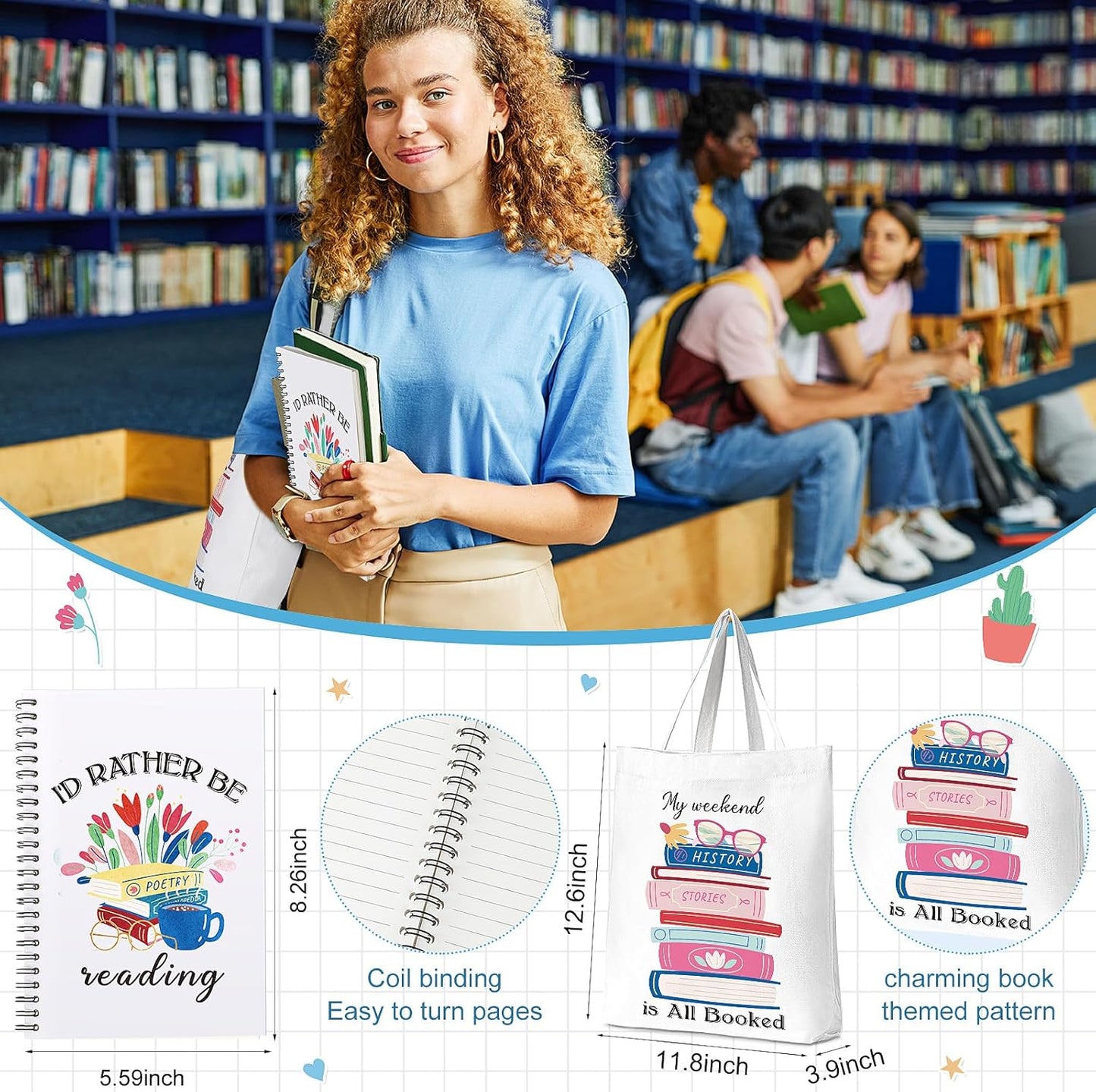 Rtteri 6 Pcs Book Lover Gifts for Women Bookish Gifts Tote Socks Tumbler Notebook for Reader Bookworm Librarians(Cute)