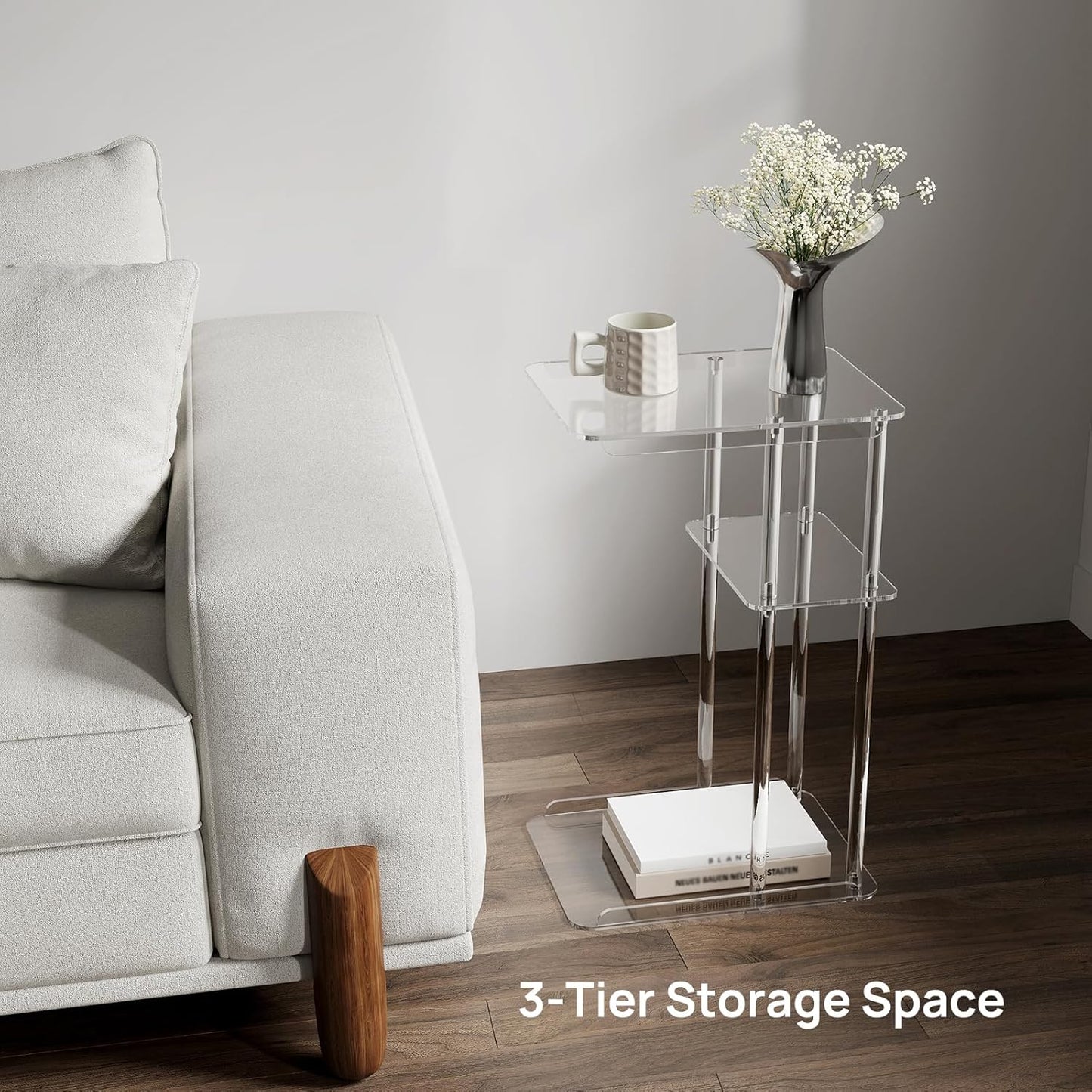 HMYHUM Clear Acrylic Side Table, C Shaped End Table for Sofa, Small Snack Tables for Living Room, Bedroom, Bathroom, 3 Tiers
