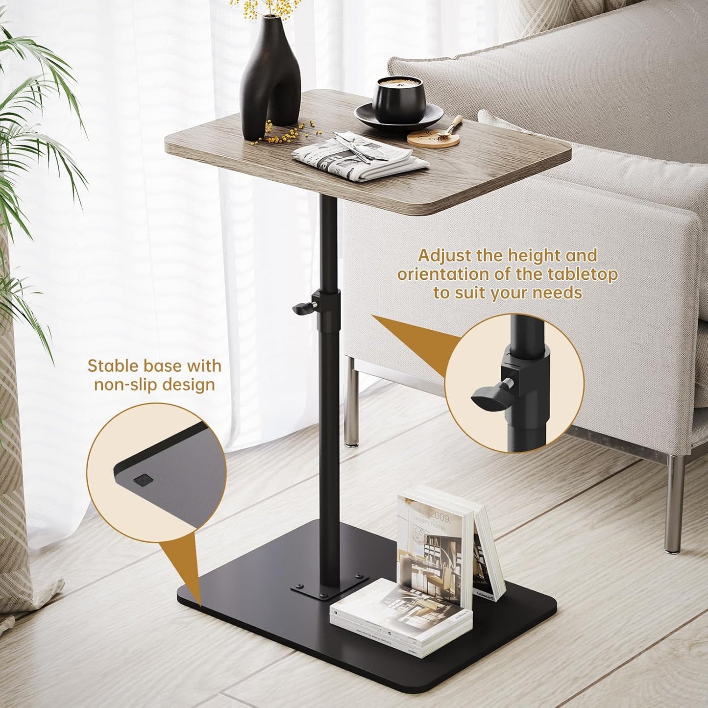 NiHome Minimalist Height Adjustable End Table, 360° Rotatable Sofa Armrest Side Tray Table, Adjustable Legs Space-Saving Couch Bedside Bathtub TV Tray C-Shaped End Table Snack Table for Eating (Gray)