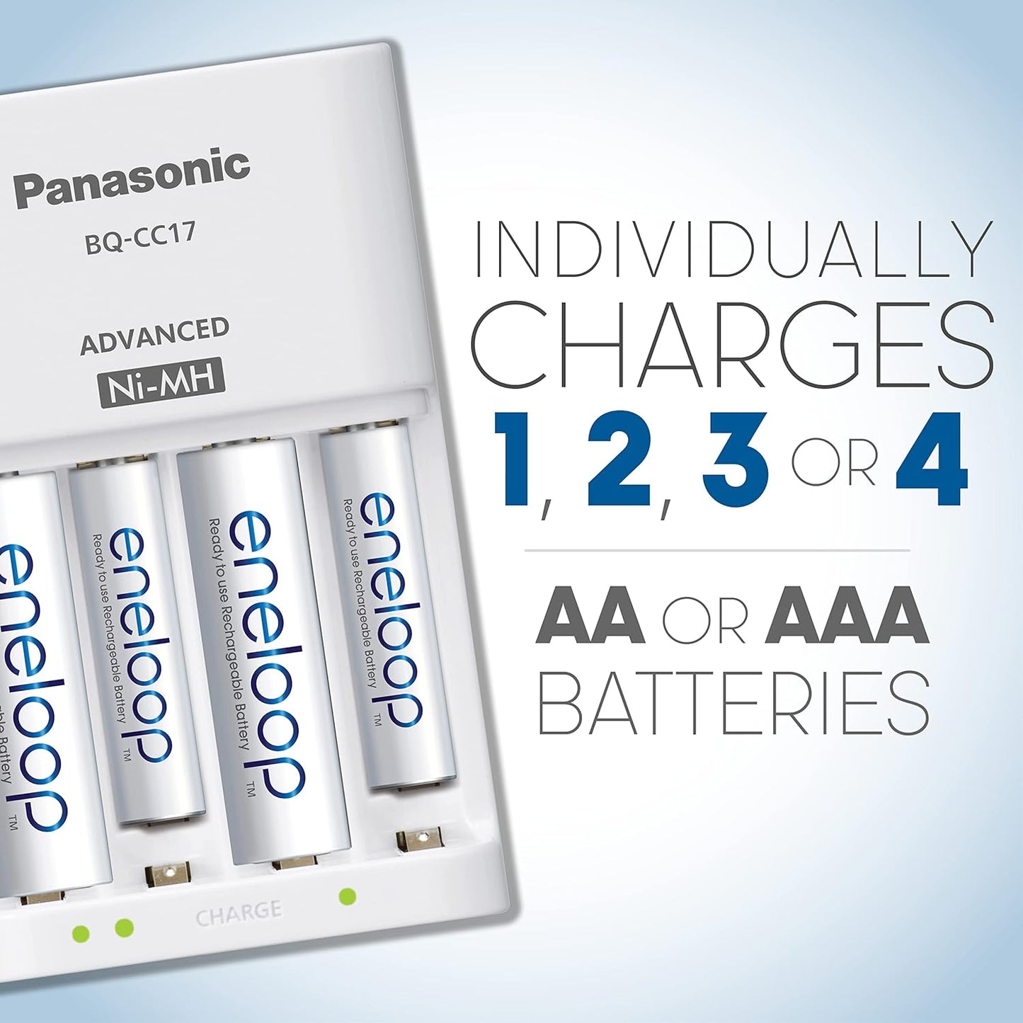 Panasonic BQ-CC17SBA eneloop Advanced Individual Battery Charger with 4 LED Charge Indicator Lights, White