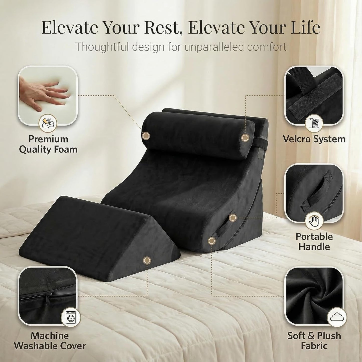 Axelrod 4PCS Orthopedic Bed Wedge Pillow Set, Post Surgery Foam for Back, Neck and Leg Pain Relief Comfortable & Adjustable Pillows- Anti Snoring, Heartburn, Acid Reflux & GERD Sleeping Black