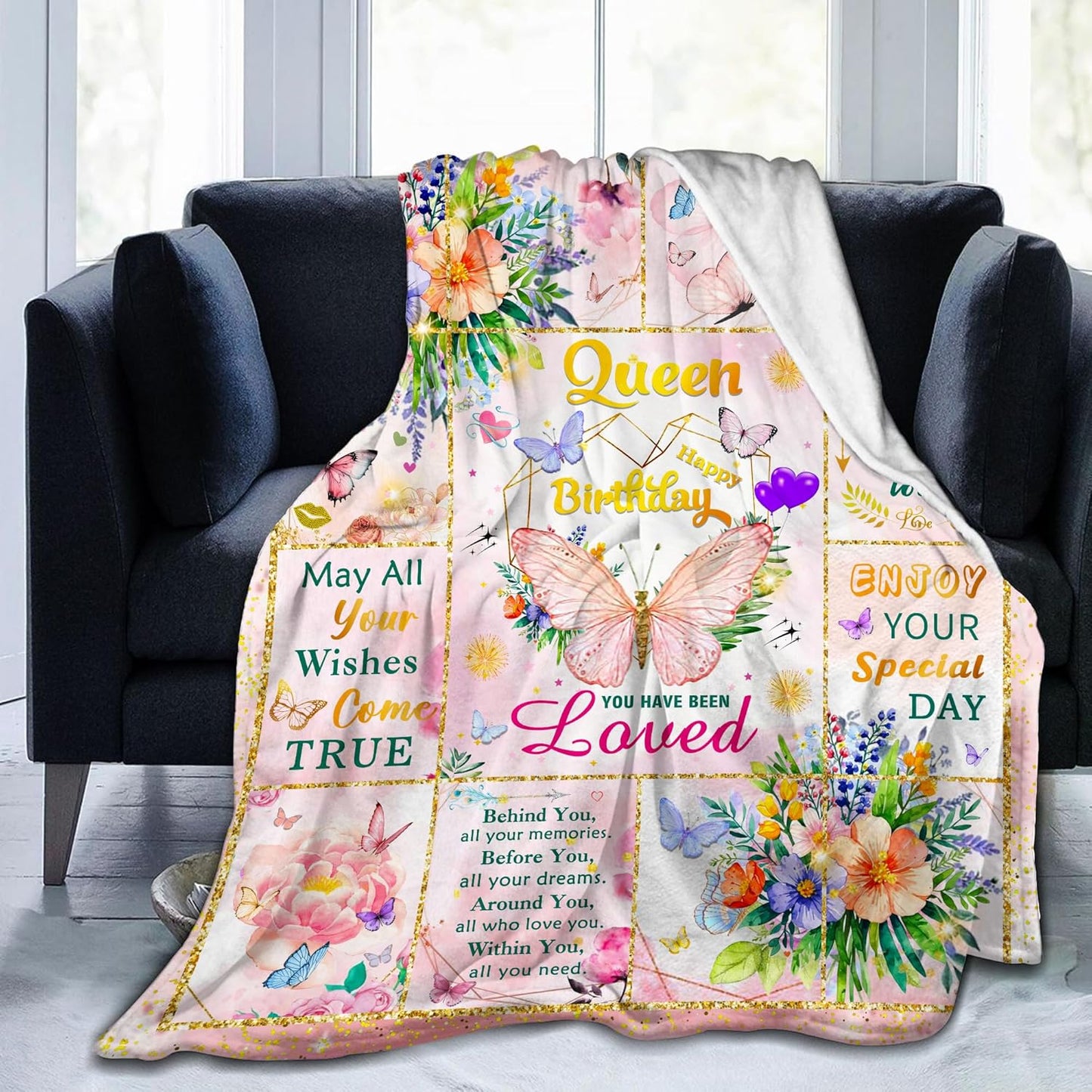 Happy Birthday Gifts for Women, Super Soft Funny Pink Butterfly Flower Bday Decorations Blanket 50"x40" for Kids Adults, Birthday Gifts for Girls, Warm Plush Fleece Flannel Blanket for Couch Bedding