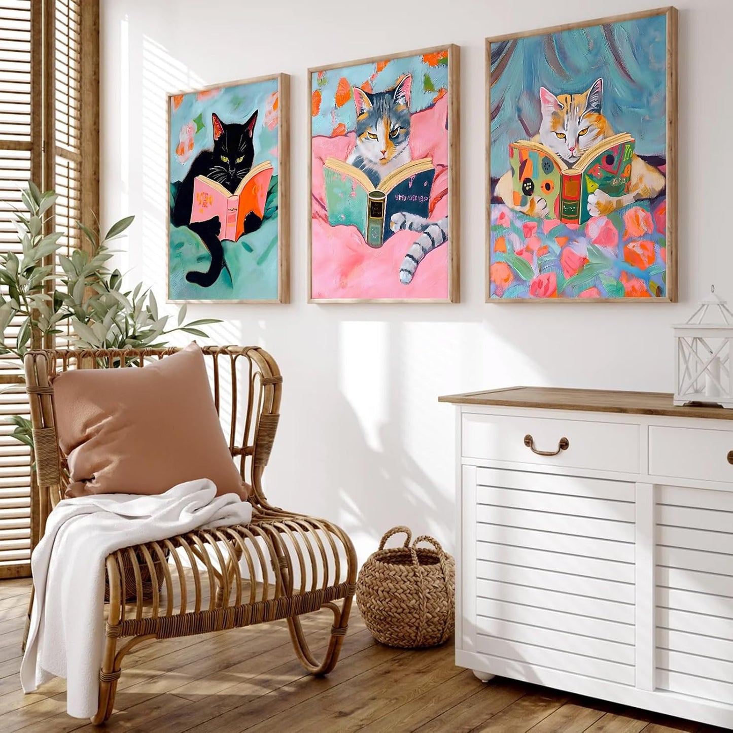 Cat Reading Book Picture Cute Cat Posters Vintage Cats Reading Books Canvas Wall Art Aesthetic Animal Print Pink Funny Animal Poster Pop Wall Art Cat Preppy Black Cat Wall Art 16x24inchx3pcs No Frame