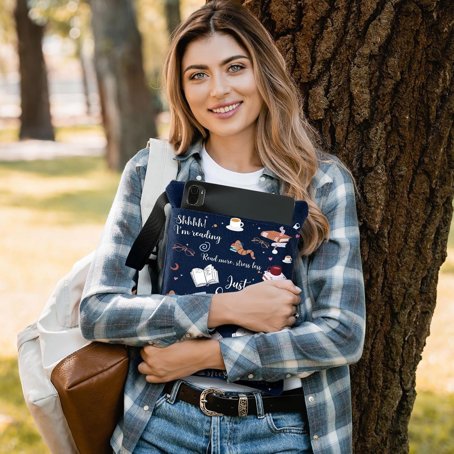 2 Pcs Book Sleeves Just One More Chapter Canvas Book Cover Pouches with Zipper Washable Front Pocket Gifts for Books Lover Reader Reading