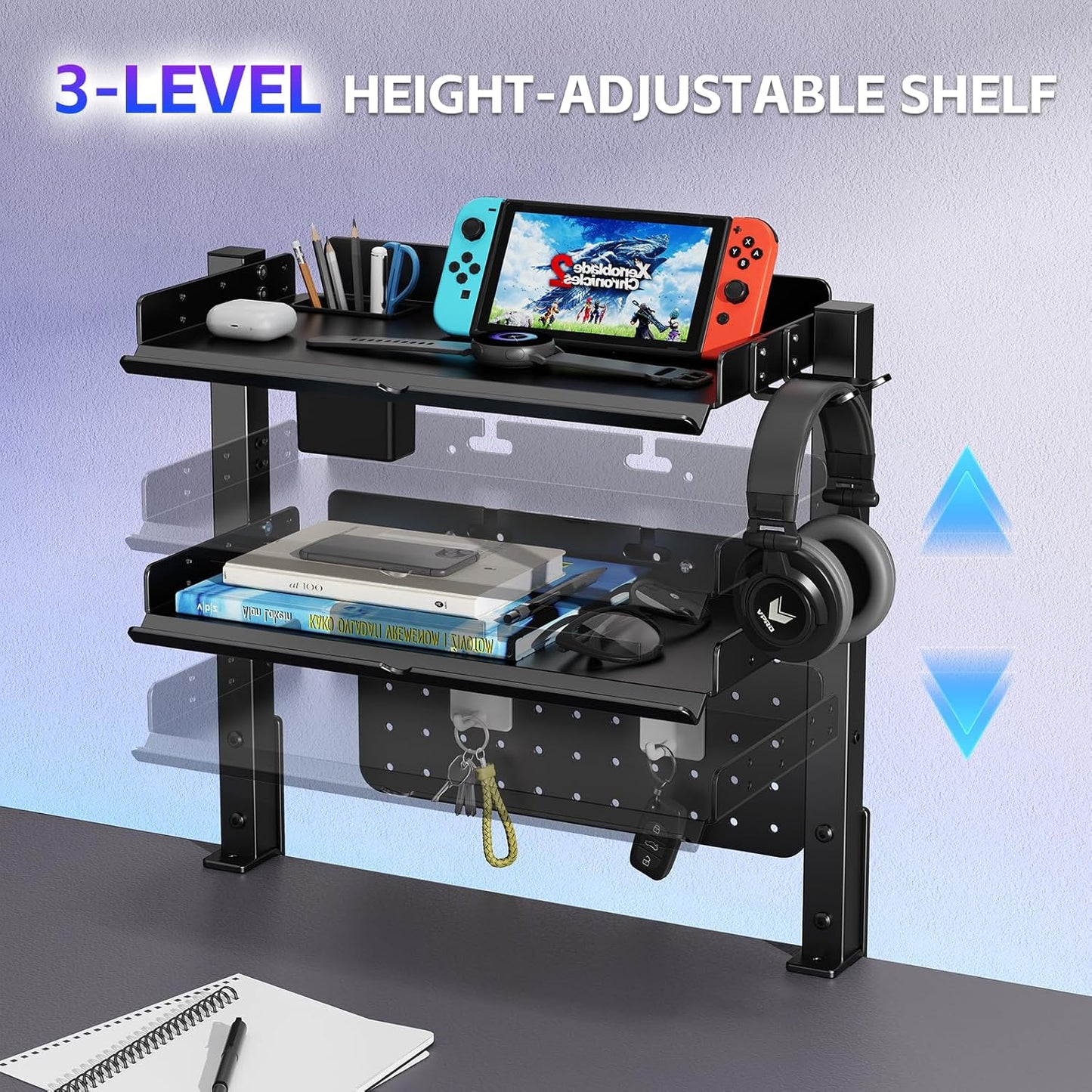 2-Tier Metal Clamp On Desk Shelf, Adjustable 16 inch Desk Storage Shelves with Pegboard and Pencil Holder,Above or Under Heavy Duty Desktop Organizer with Headphone Holder for Desk Accessories (Black)