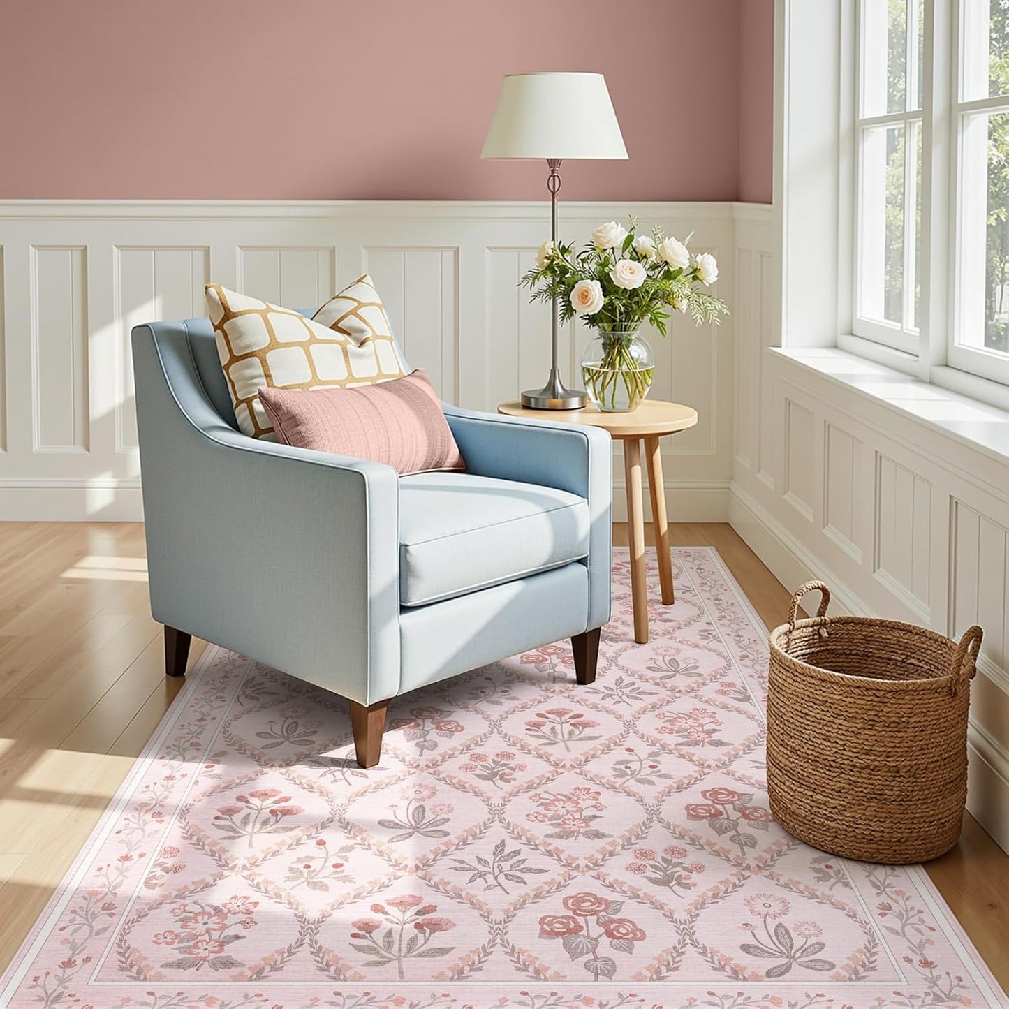 Pink Rug for Office Under Desk Rolling Chairs 4x6 Small Classroom Rug Reading Corner,Washable Boho Floral Hardwood Floor Mat for Baby Nursery Bedroom Living Room Kitchen Dinning Room