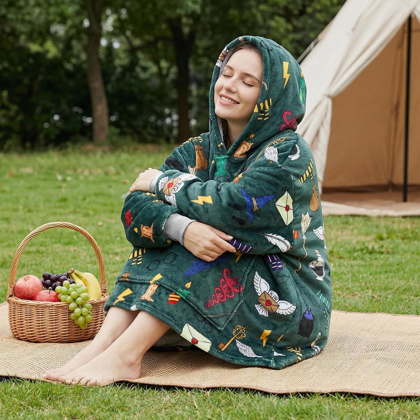 Magical Movie Theme Soft Warm Oversize Wearable Blanket Hoodies for Fans of Magical Movies and Novels, Featuring Owl, Lightning Bolt, and Eyeglass Frame Prints