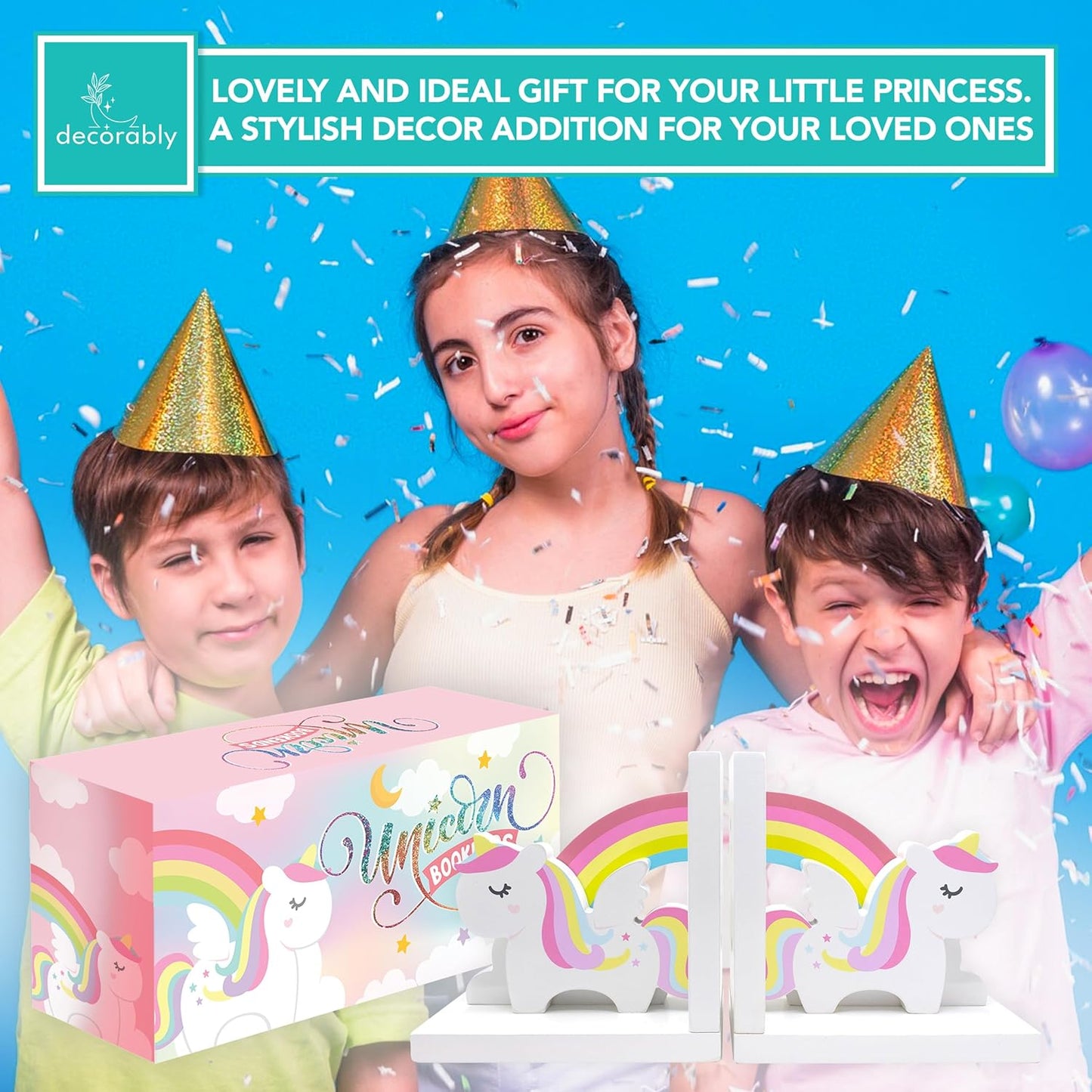 Decorably Unicorn Kids Book Ends for Kids Books - 1 Set Non-Skid Wooden Decorative for Girls Room, Baby's Nursery, Classroom Decor