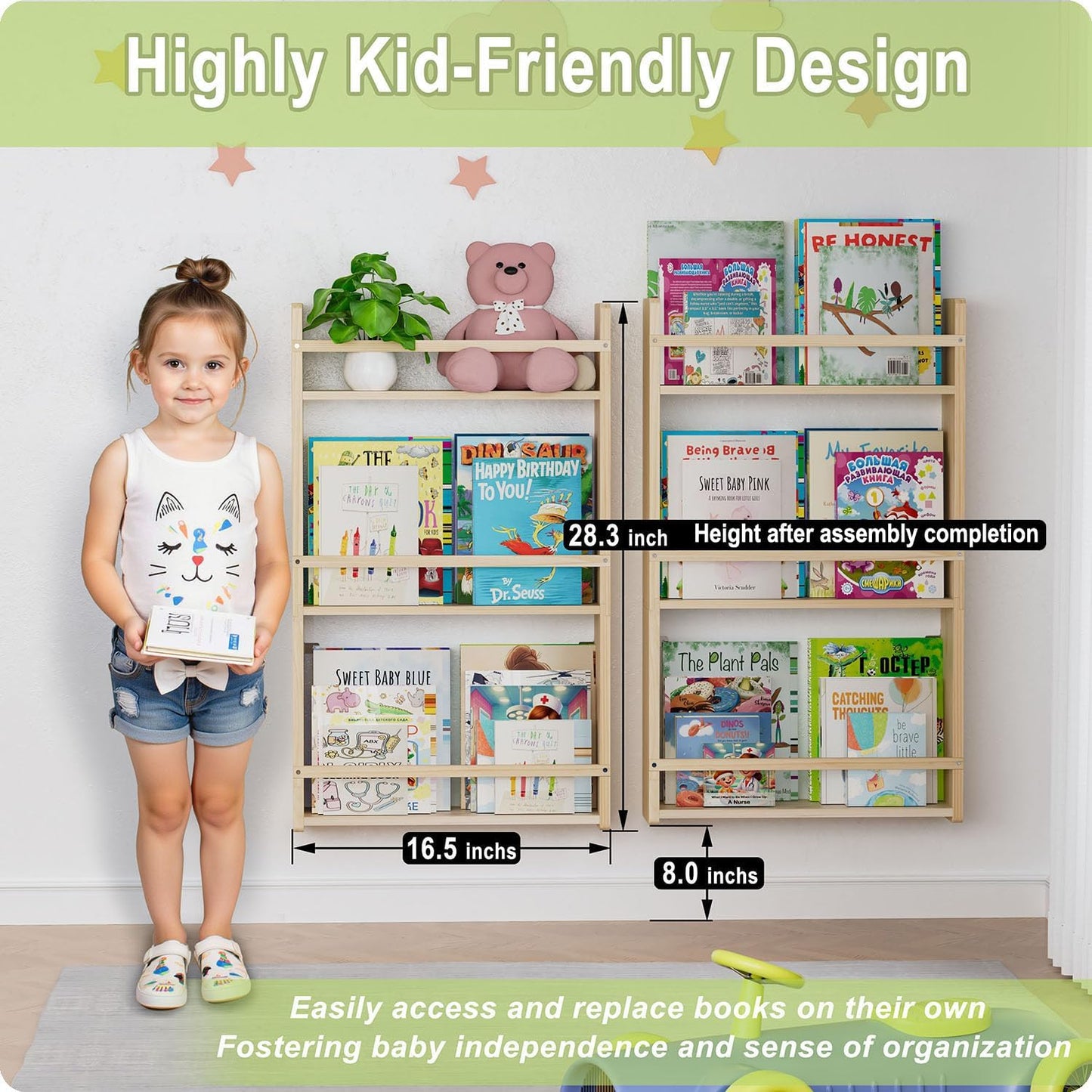 Wall Bookshelf for Kids, 3 Tier Kids Bookshelf Wall, 16.5 inch Floating Book Shelves for Nursery, Great for Bedroom, Living Room, Play Room and Nursery.