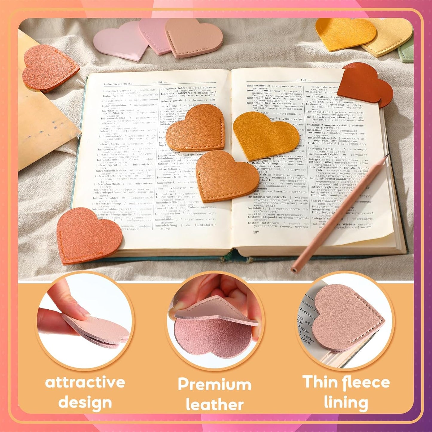 104 Pcs Leather Heart Bookmarks Page Corner Flower Heart Shaped Spring Corner Bookmark for Women Handmade Reading Book Marks for Reading Lovers Book Club Gifts Office Teacher (Solid Color)