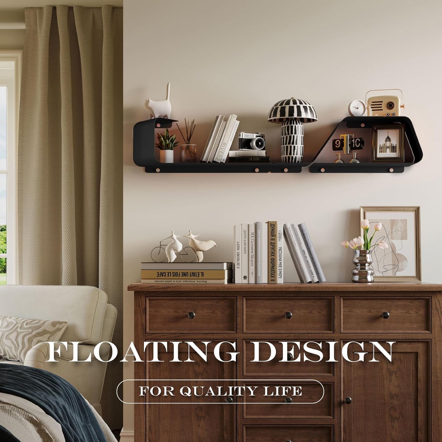 Floating Wall Shelves — Set of 3, Wall-Mounted Metal, Black