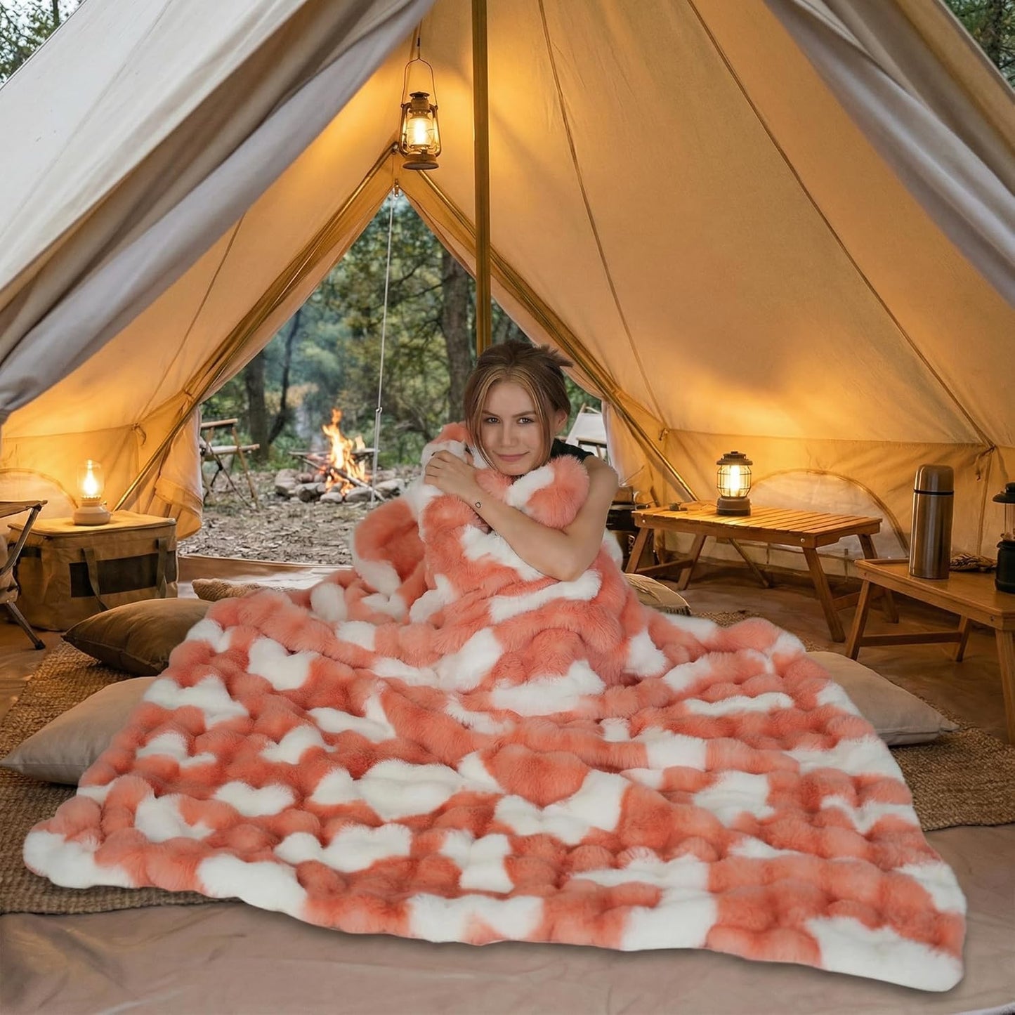 Cozy Bubble Blanket Twin, Gift for Mom Mother's Day, Blush Pink and White Soft Breathable Foldable Travel Blanket for Spring Home Leisure Bed Office Nursery, Machine Washable, 60" x 80"
