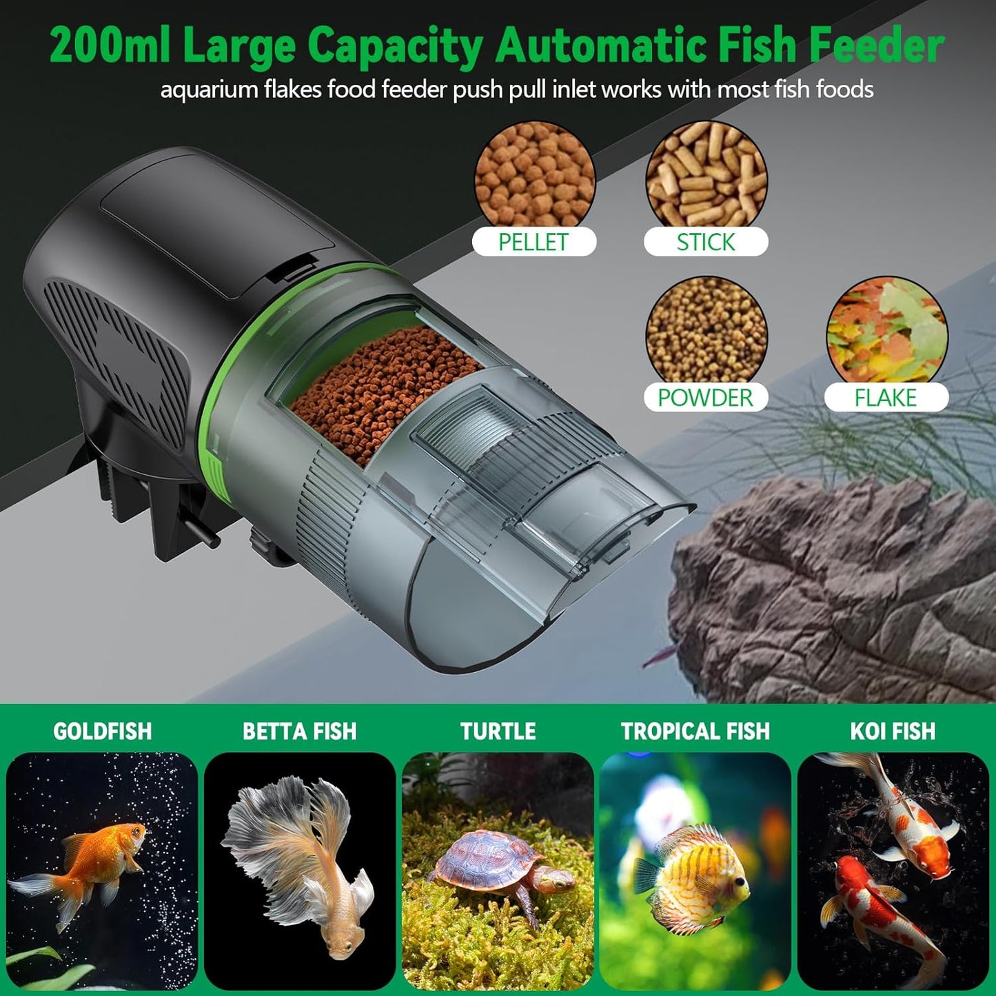 Automatic Fish Feeder for Aquarium, Auto Food Dispenser with Timer, 200 ml Fish Feeder for Pellets Granules & Strips, 360° Rotation Automatic Fishs Dispenser for Small Tank, Big Aquariums & Pond