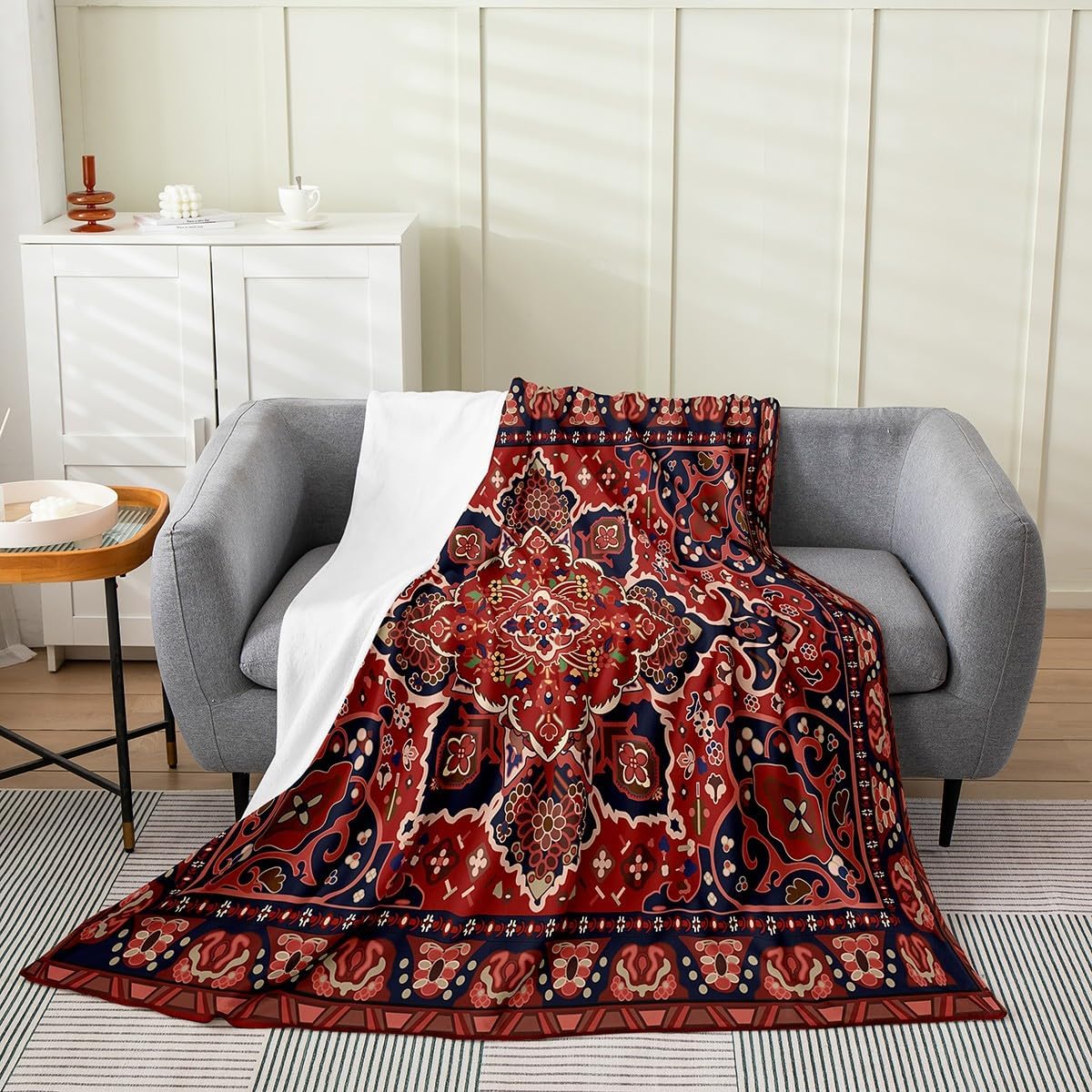 Erosebridal Boho Tribal Blanket Throw 50x60 Inch, Retro Exotic Throw Blanket, Vintage Lattice Bohemian Fuzzy Blanket, Dark Red Antique Grid Damask Inspired Medallion Egyptian Fuzzy Blanket