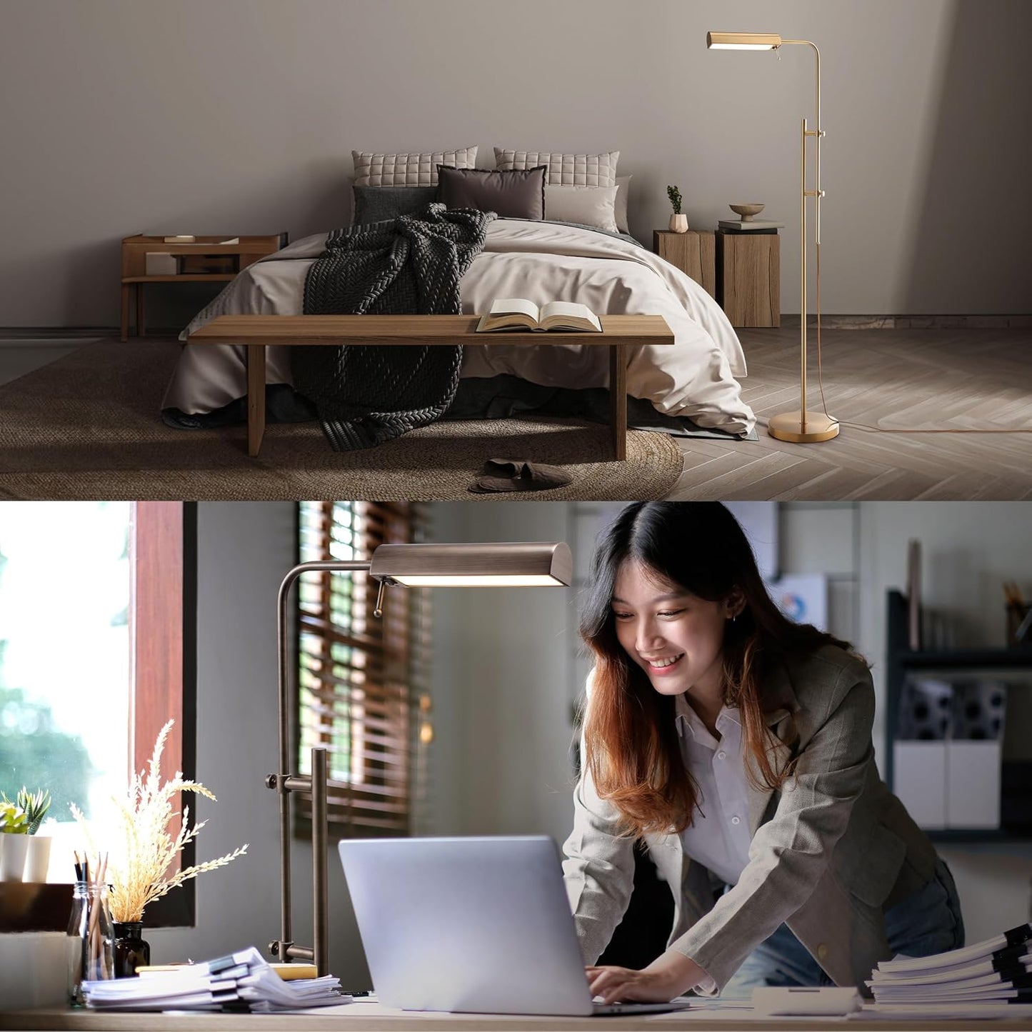 O'Bright Cedric Adjustable Pharmacy Floor Lamp - Industrial Design for Reading, Crafting, Work - 10W LED, Height 45-61 inches - Ideal for Living Room, Bedside, Office - Antique Brass (Gold)