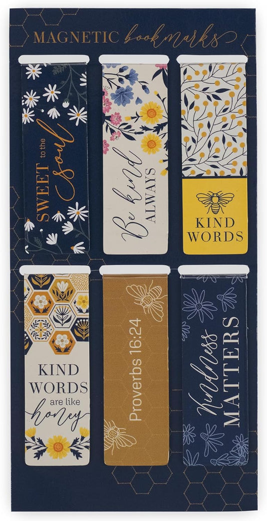 Christian Art Gifts Colorful Inspirational Magnetic Scripture Bookmark Set for Women: Kind Words are Like Honey Themed Navy Blue & Yellow Multicolor Floral Theme for Books, Bibles, Papers, Set of 6