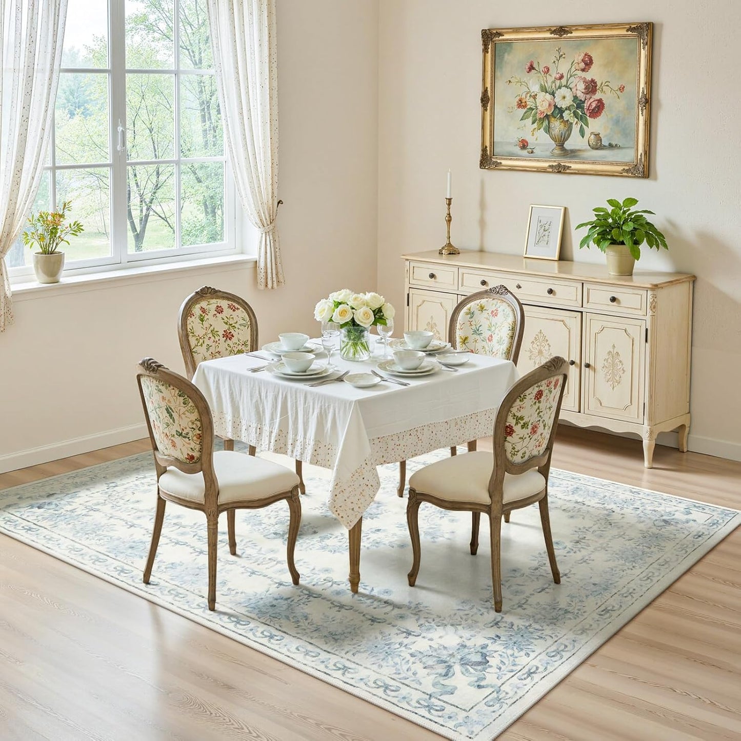 Wonnitar Bow Floral 5x7 Washable Rug, Blue Area Rug for Kids Room, Ultra-Thin Non Slip Soft Neutral Aesthetic Decor Carpet for Living Room Farmhouse Dining Room Office Playroom