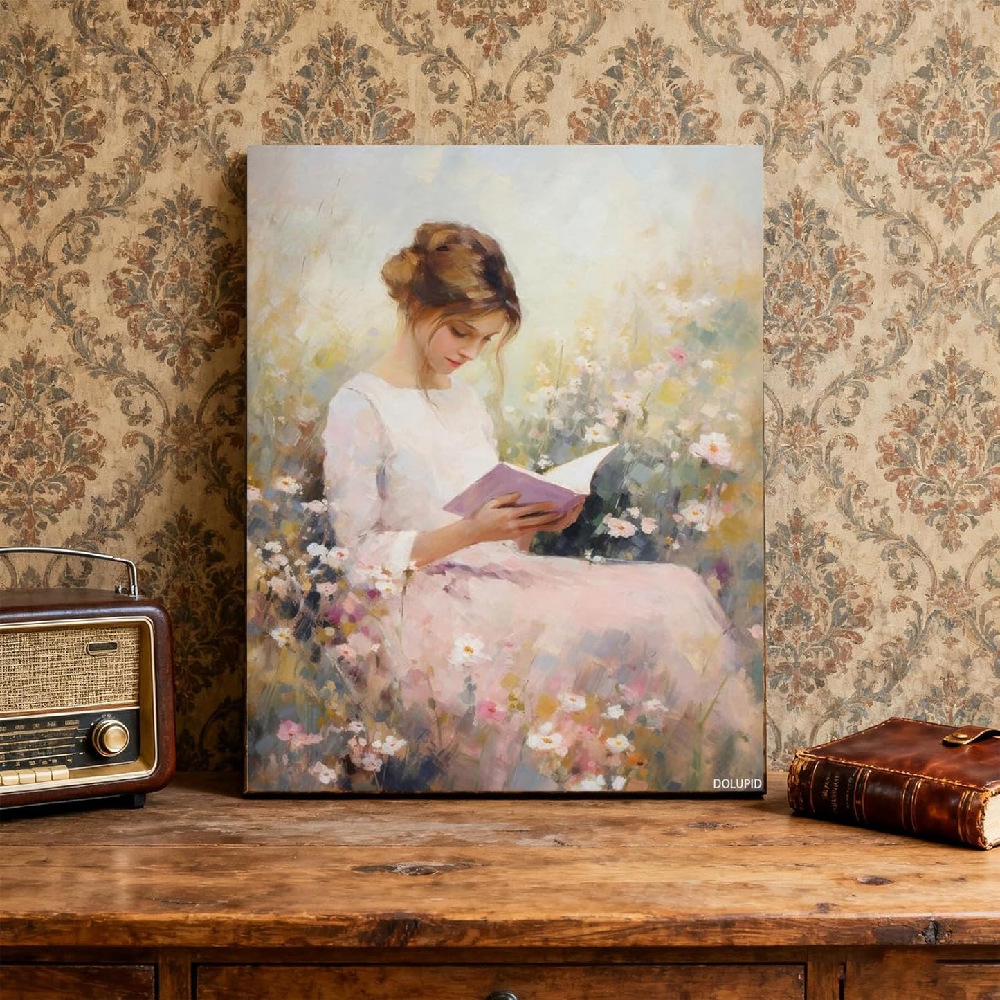 Woman Reading Book In Wildflower Field Canvas Print Spring Decor Farmhouse Floral Wall Art Artwork Aesthetic Posters for Office Dorm Bedroom Wall Decor Framed 8x10inch