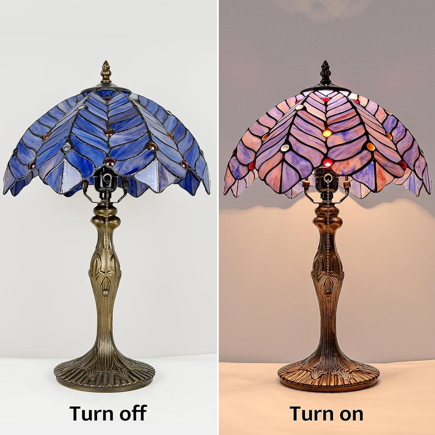 Tiffany Style Lamp, Blue Purple Stained Glass Coconut Leaf Table Lamp, Vintage Accent Reading Light Decor Bedroom Living Room Home Office W12H19 Inch