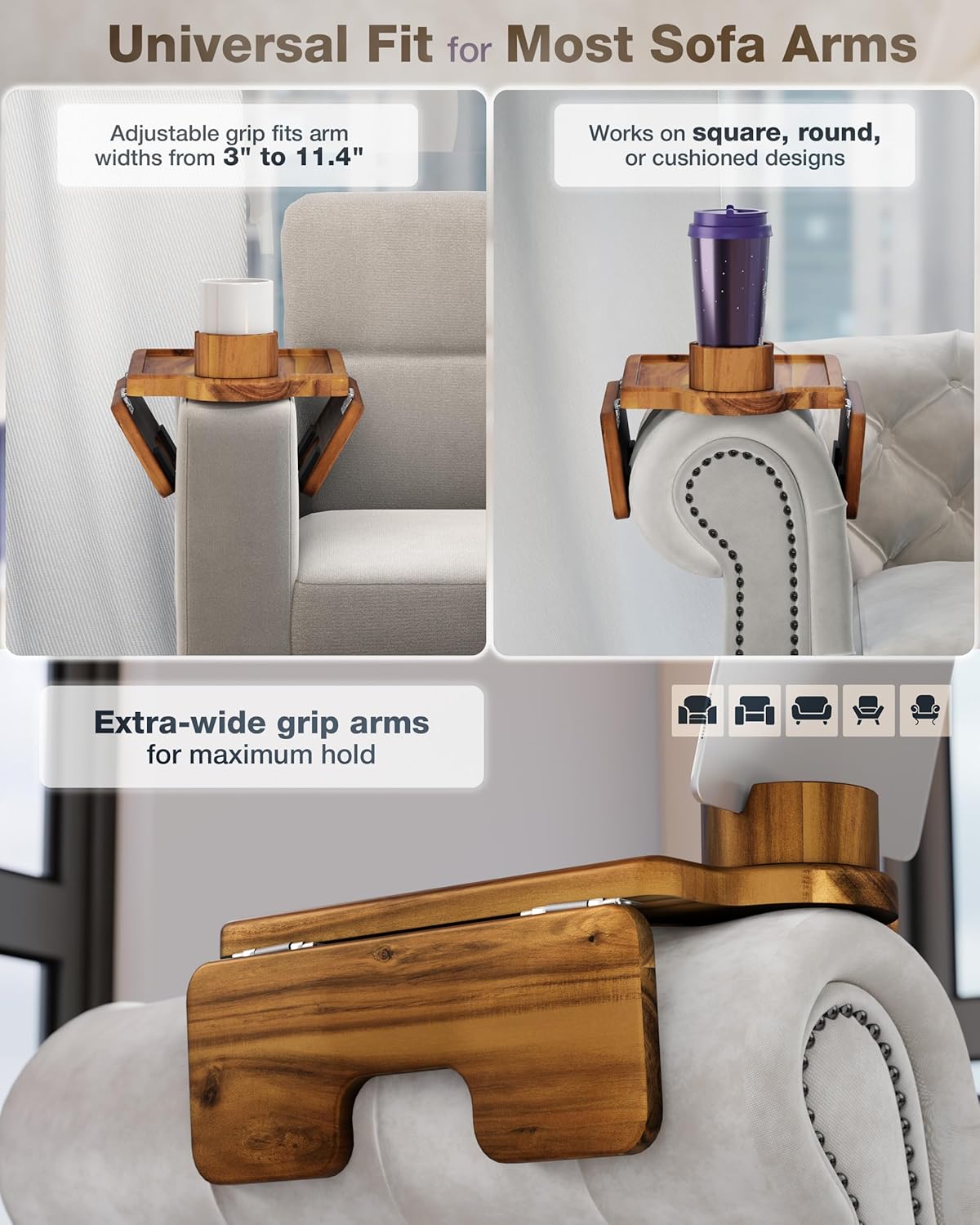 BLUEWEST Couch Cup Holder Tray & Sofa Arm Tray – Large 2-in-1 Acacia Wood Clip-On Side Table with 360° Cup Holder on Armrest, Double SS304 Hinges, Non-Slip for TV Dinners, Remote, Drinks & Snacks