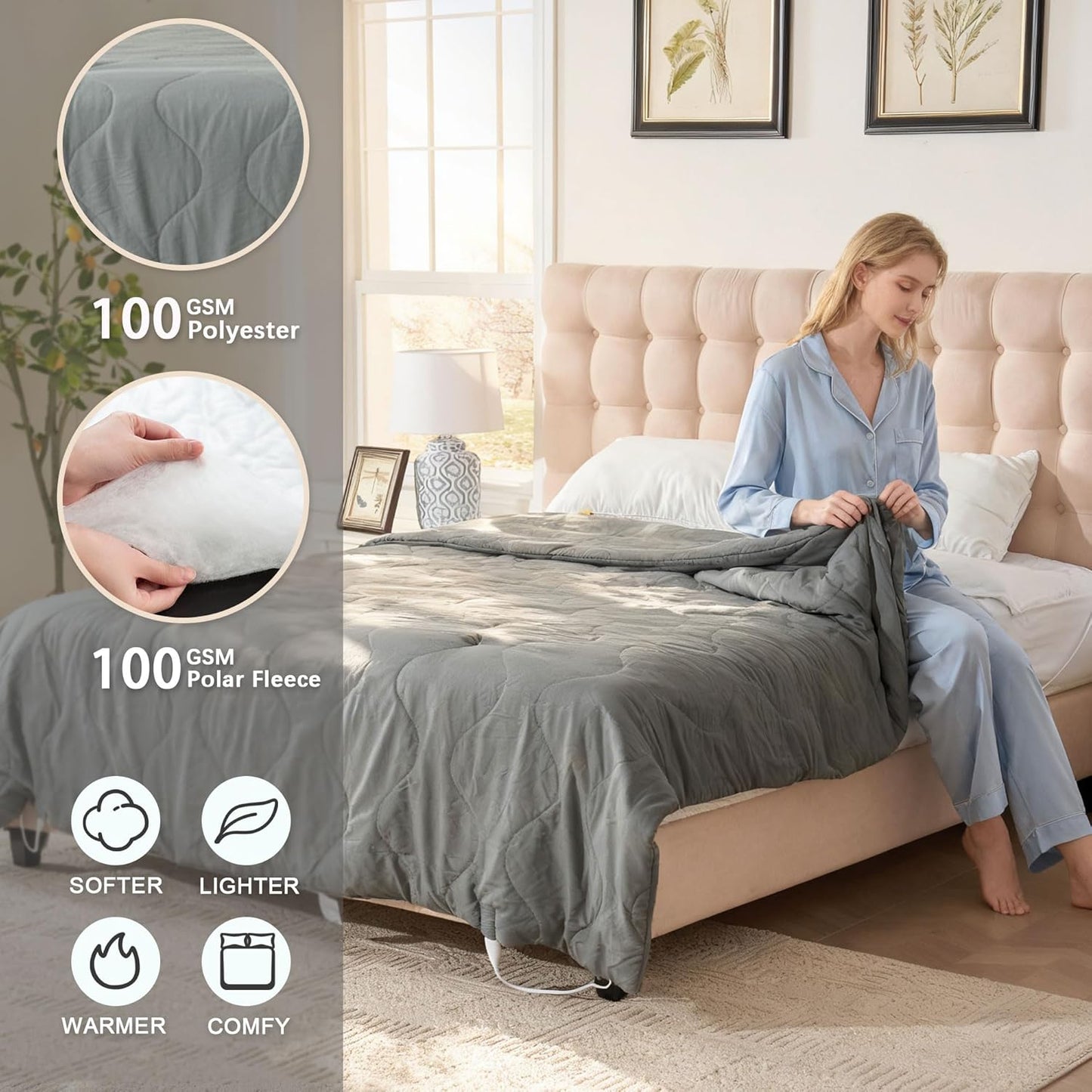 Electric Blanket Queen Size - Dual Control Heated Blanket Queen Size, Fast Heating with 10 Time Settings & 6 Heat Settings, Warm Gift (Gray, Queen/Full 90" x 90")