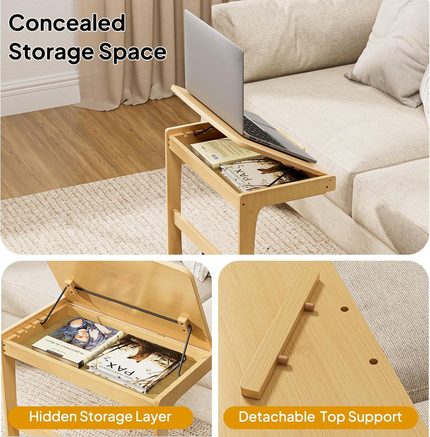 C Shaped Side Table, Rolling Bamboo End Table with Adjustable Tilt Top & Storage Shelf, Small Couch Table with Wheels for Living Room, Bedroom, Natural