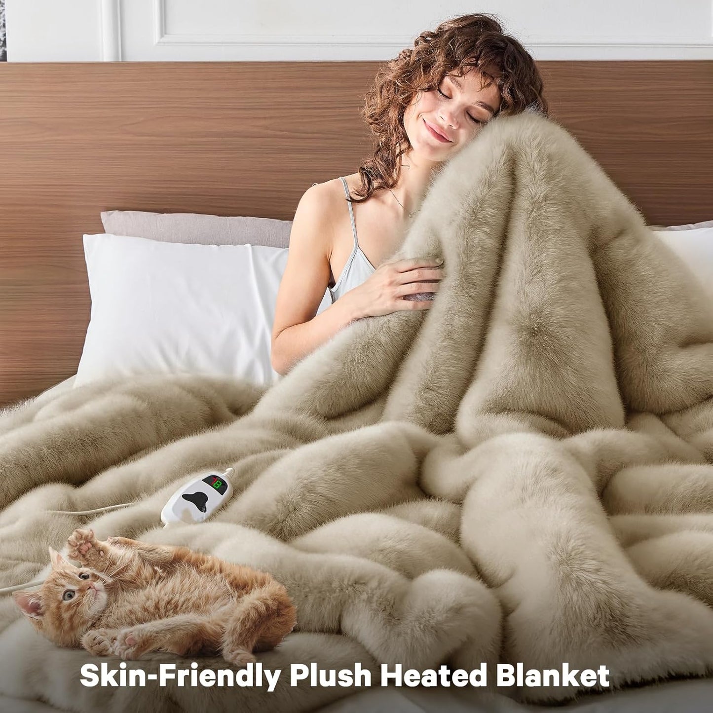 Heated Electric Blanket Throw,Octrot 50"X60" Faux Fur Heating Blanket Luxury Christmas Gifts Heavy Plush with 10 Heats Levels & 8 Hours Auto Off,Super Cozy Warm Fuzzy,Fluffy Decor Winter Warming,Beige
