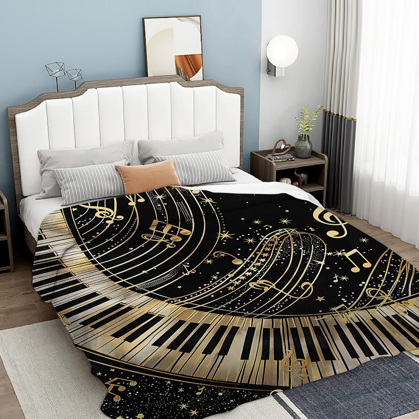 Piano Notes Throw Blanket, Black Gold Blanket Throw for Adults, Lightweight Soft Cozy Blanket for Couch Sofa Bed Room Decor 50x60 Inches
