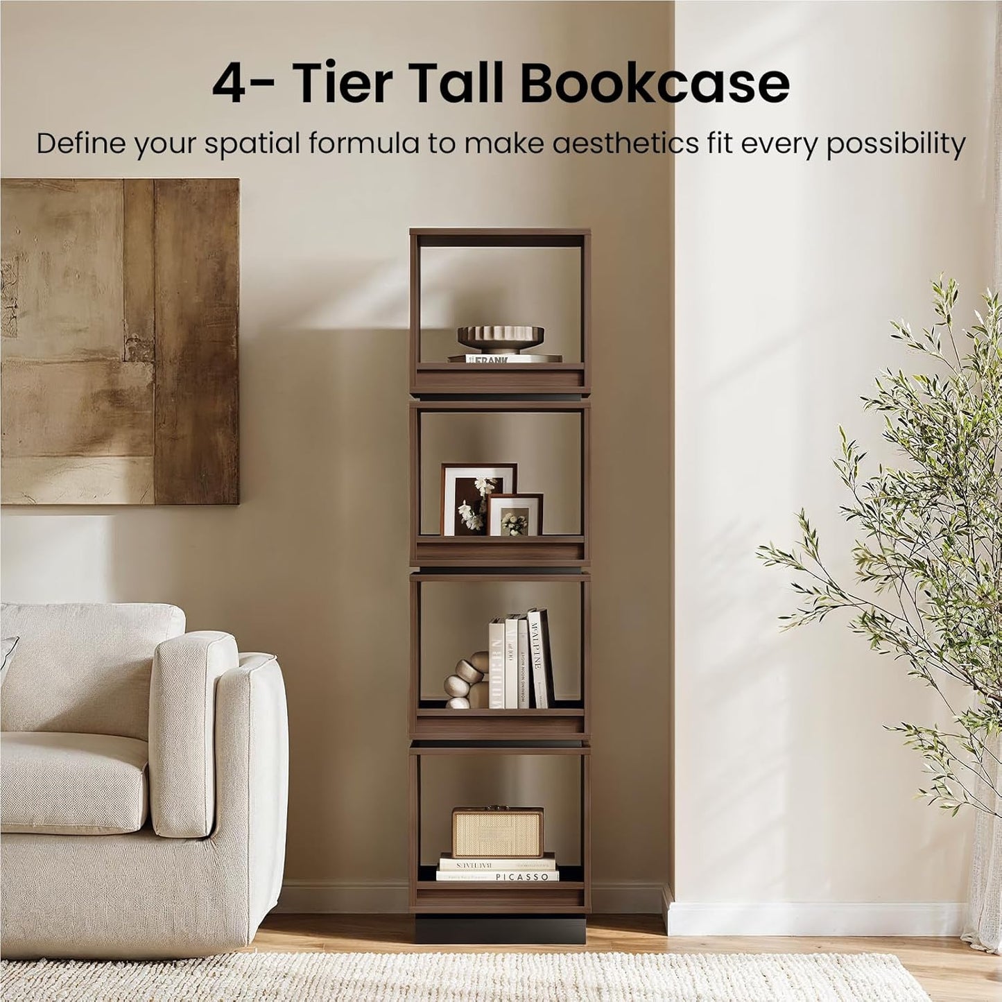 4-Tier Rotating Bookshelf Tower, 360° Spinning Wood Narrow Tall Book Shelf Organizer, Modern Geometric Storage for Sapce Saving, Revolving Bookcase for Living Room, Bedroom, Home Office