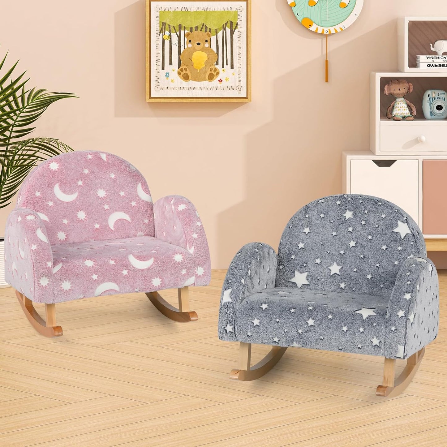 INFANS Kids Sofa with Glow in The Dark, Toddler Rocking Chair with Solid Wooden Frame Anti-Tipping, Upholstered Comfy Foam Children Chair for Kindergarten Playroom Preschool, Gift for Boys Girls