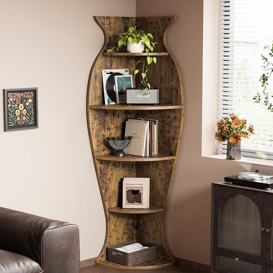 Small Corner Shelf, 5-Tier Vase-Shaped Bookshelf Organizer for Living Room Decor, Bedroom, and Office, Modern Freestanding Corner Bookcase for Storage and Display, Vases Home Decor Accent