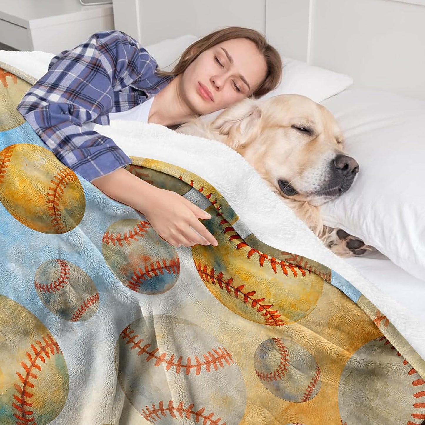Baseball Throw Blanket 50x60 - Soft Flannel Fleece, Boys Sports Room Decor, Cozy Kids Couch & Bed Gift, Watercolor Red Stitching