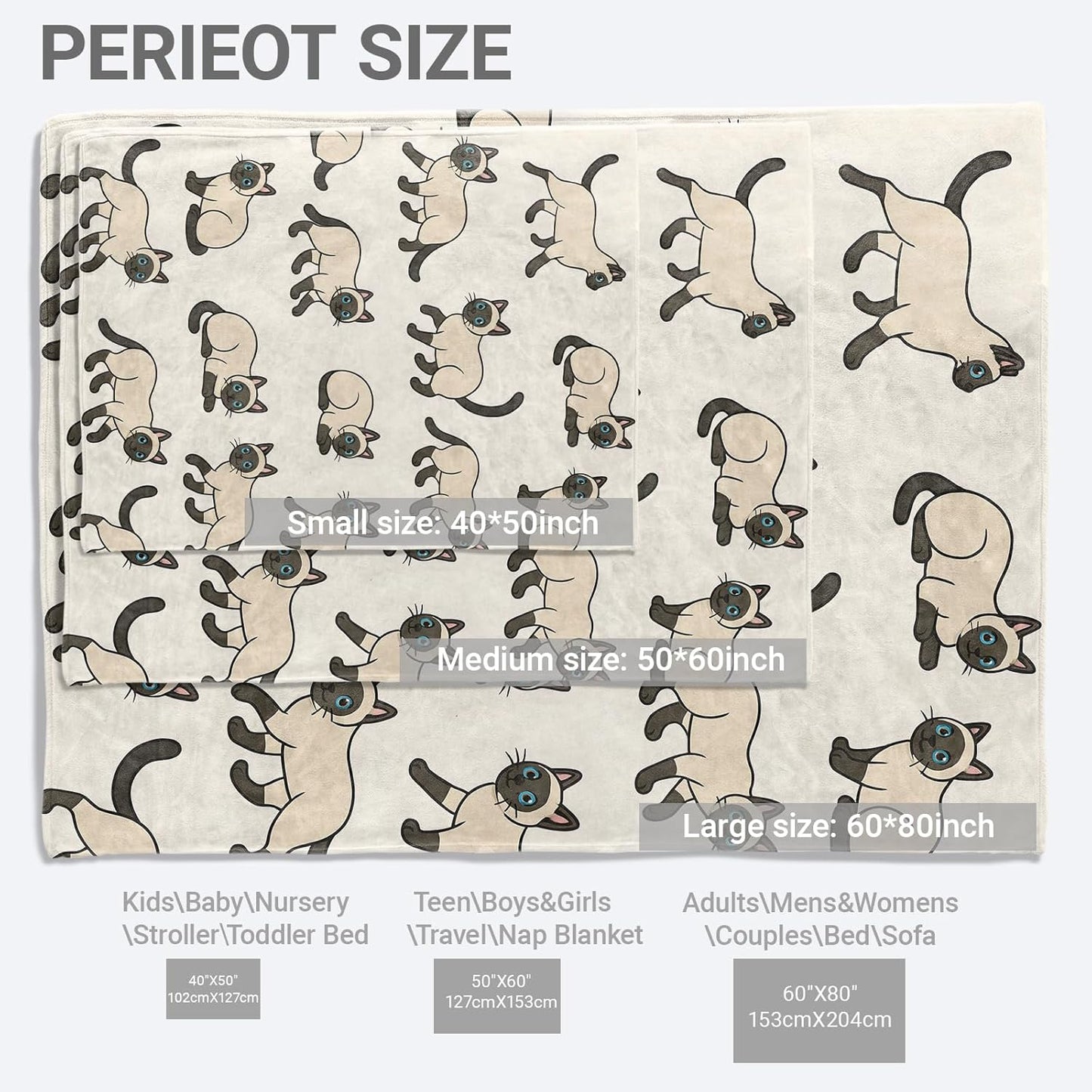 Siamese Feline Lightweight Throw Blanket, Cute Animal and Cartoon Cat Pattern, Warm Soft Cozy Flannel Blankets, Couch Bed Home Decor All Season Use, 60x50in, Beige, Gifts for Pet Lovers