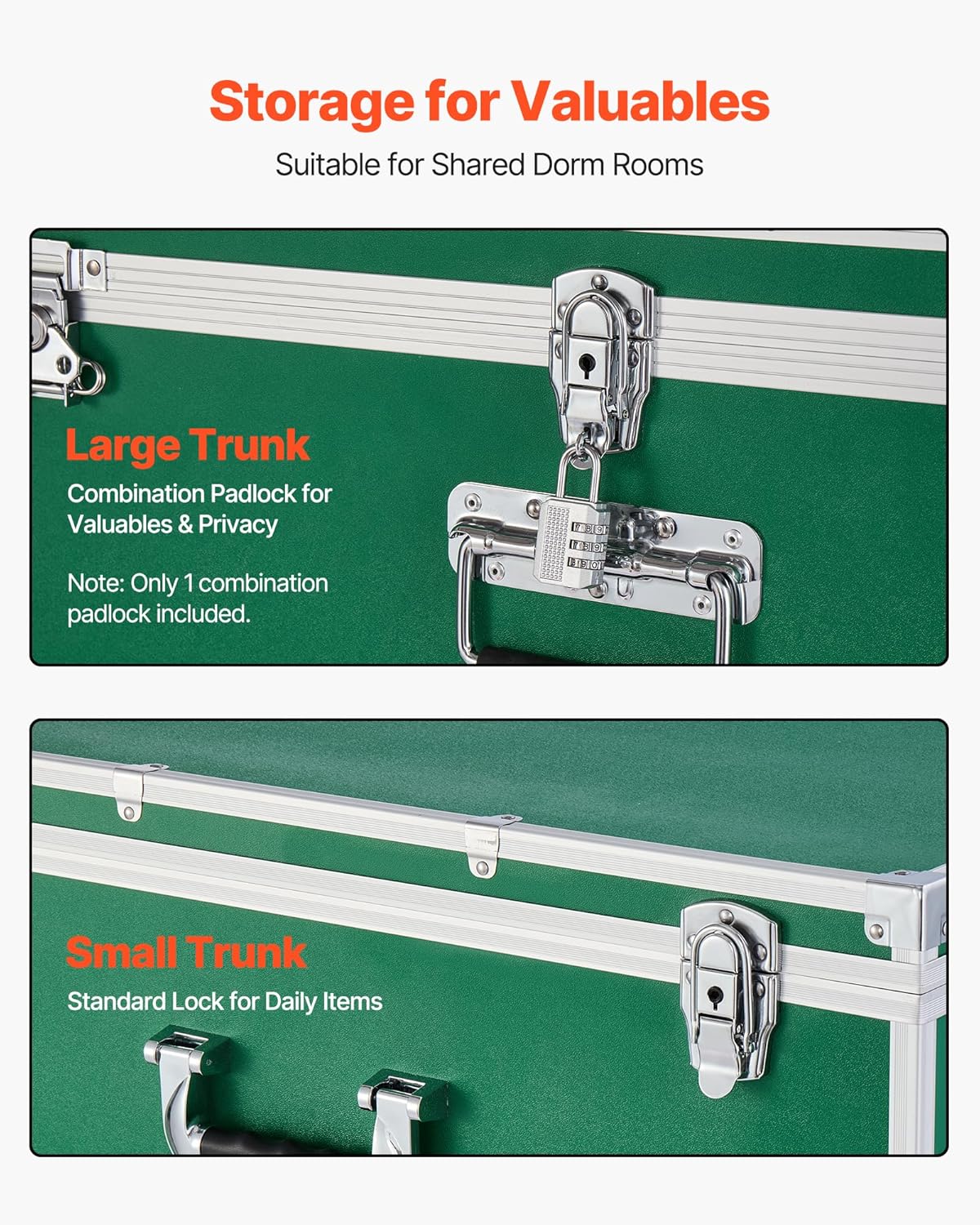 VEVOR Storage Trunk, Set of 2, Wooden Suitcase Storage Boxes with Padlocks, Large Trunk Includes Casters and 3 Metal Handles, Decorative Store Chest with Lids for Travel, Apartment, Dorm, Green