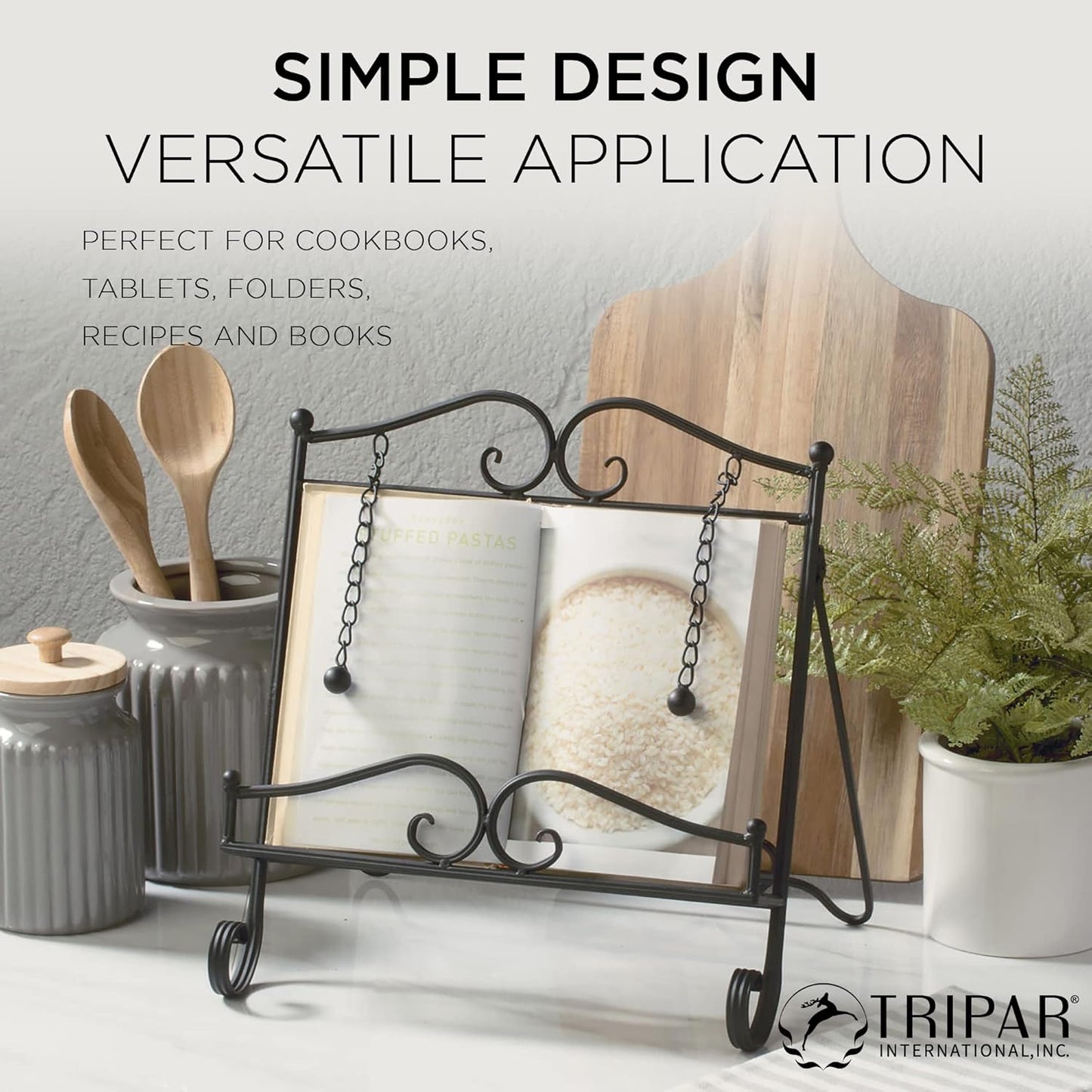 TRIPAR Swirl Design Black Metal Cookbook Stand for Cookbooks, Recipe Holders, Tablets, Catalogs, Portable, Adjustable, Free Standing