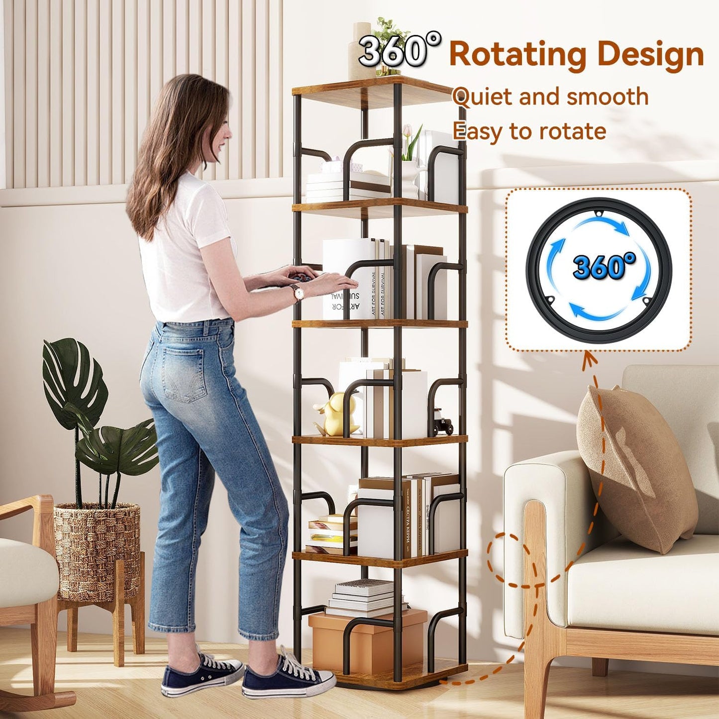 IBUYKE 6 Tier Square Rotating Bookshelf, 360° Spinning Bookcases Tower,Freestanding Corner Bookshelf with Rails,Industrial Swivel Bookcase Organizer for Bedroom, Living Room,Study,Brown,UTBC005H