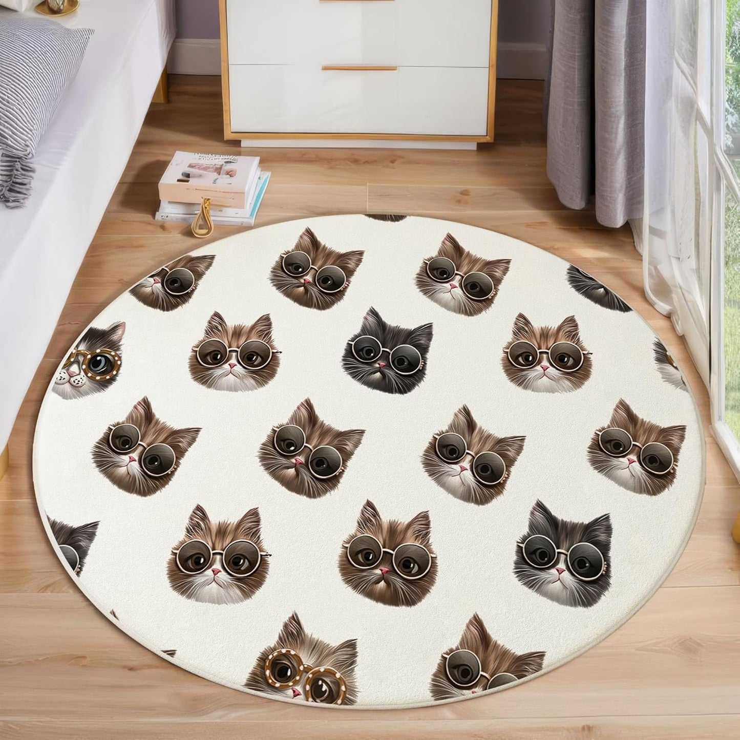 Round Area Rug, 2Ft Washable Non-Slip Beige Fun Sunglasses Cats Circle Rug, Soft Low-Pile Animal Theme Indoor Small Circular Carpet for Bedroom Entryway Dining Living Room