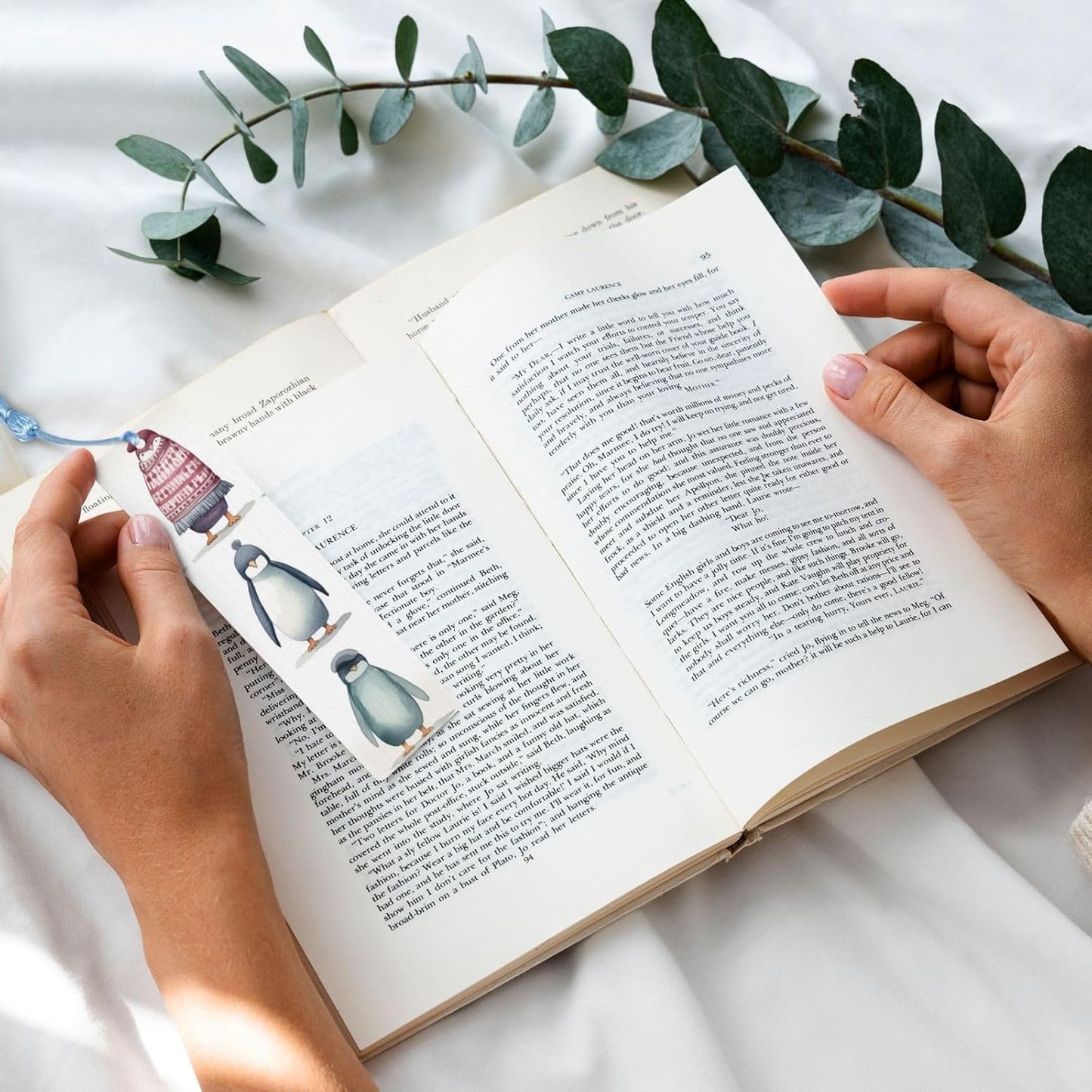 Penguin Wearing Clothes Bookmarks Gifts for Women Men, Wooden Bookmarks for Book Lovers, Vintage Book Marks Ornaments with Tassel, Unique Personalized Reading Page Markers Sky Blue