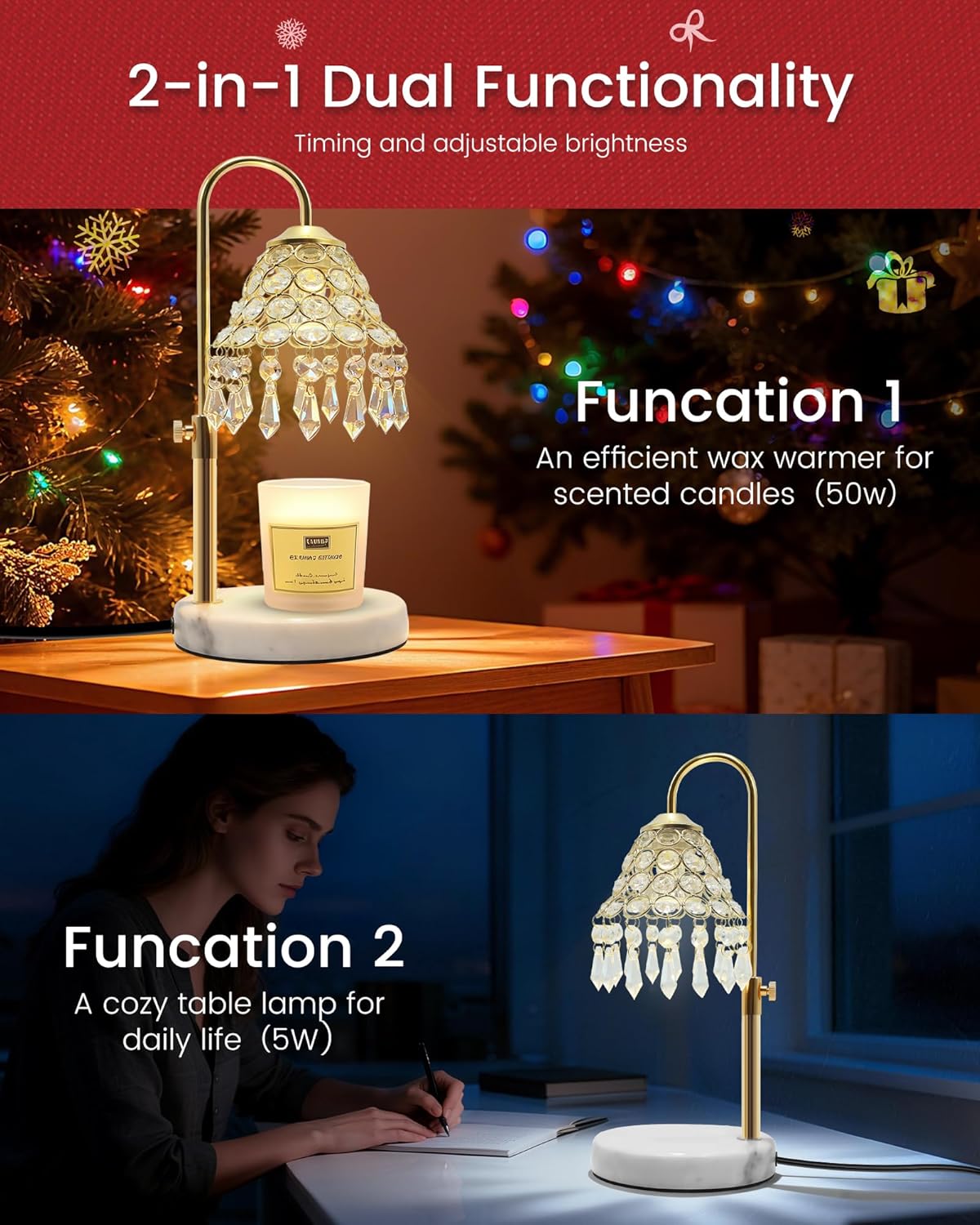 KISUFU Smart Crystal Candle Warmer Lamp with Timer - 2-in-1 Table Lamp & Adjustable Height, 50W Halogen Bulb + 5W Night Light, Luxury Valentine Gift for Women, Christmas, Fall Home Decor (Gold)