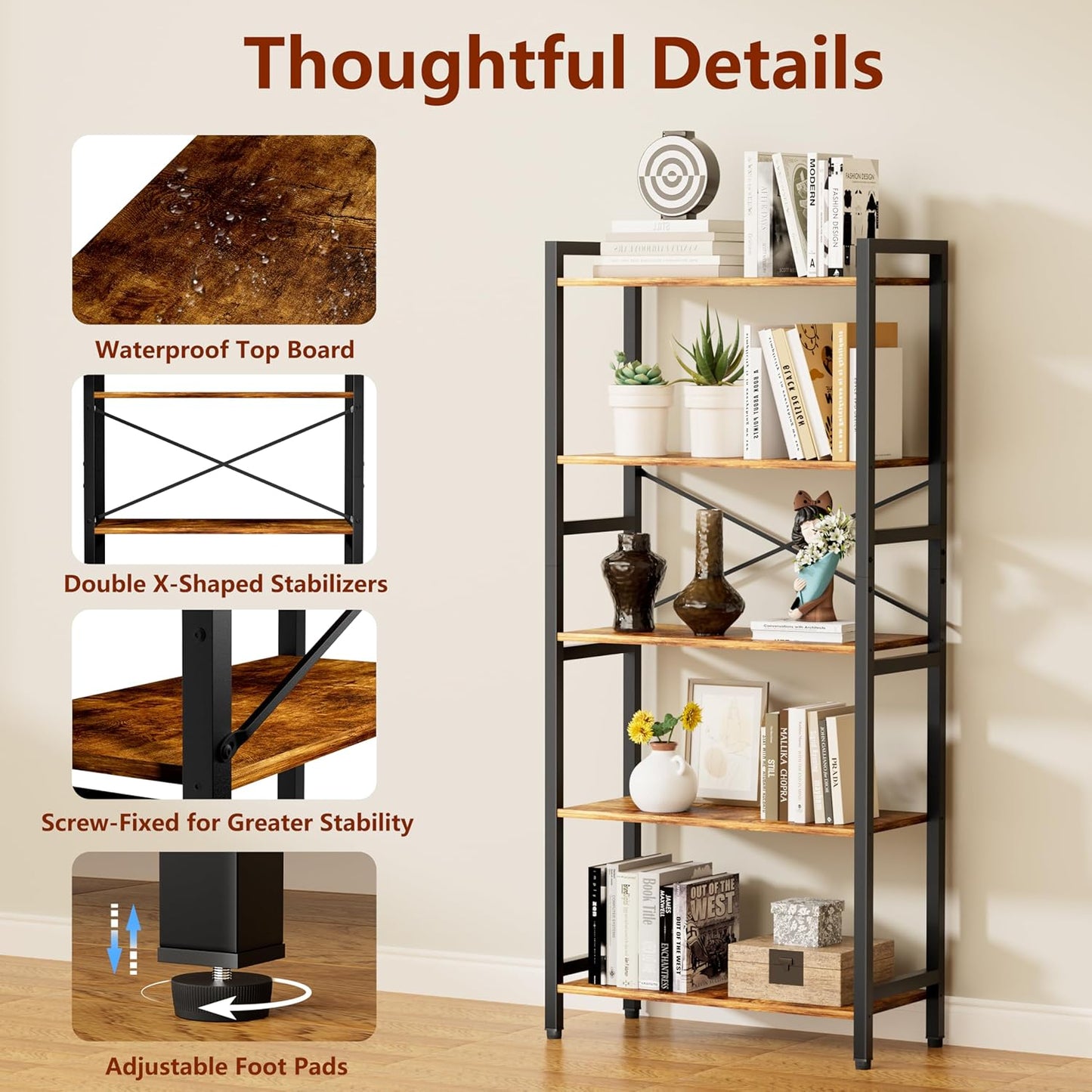 5 Tier Bookshelf,Storage Shelf with Steel Frame,Free Standing Open Book Shelves Storage Display Shelf