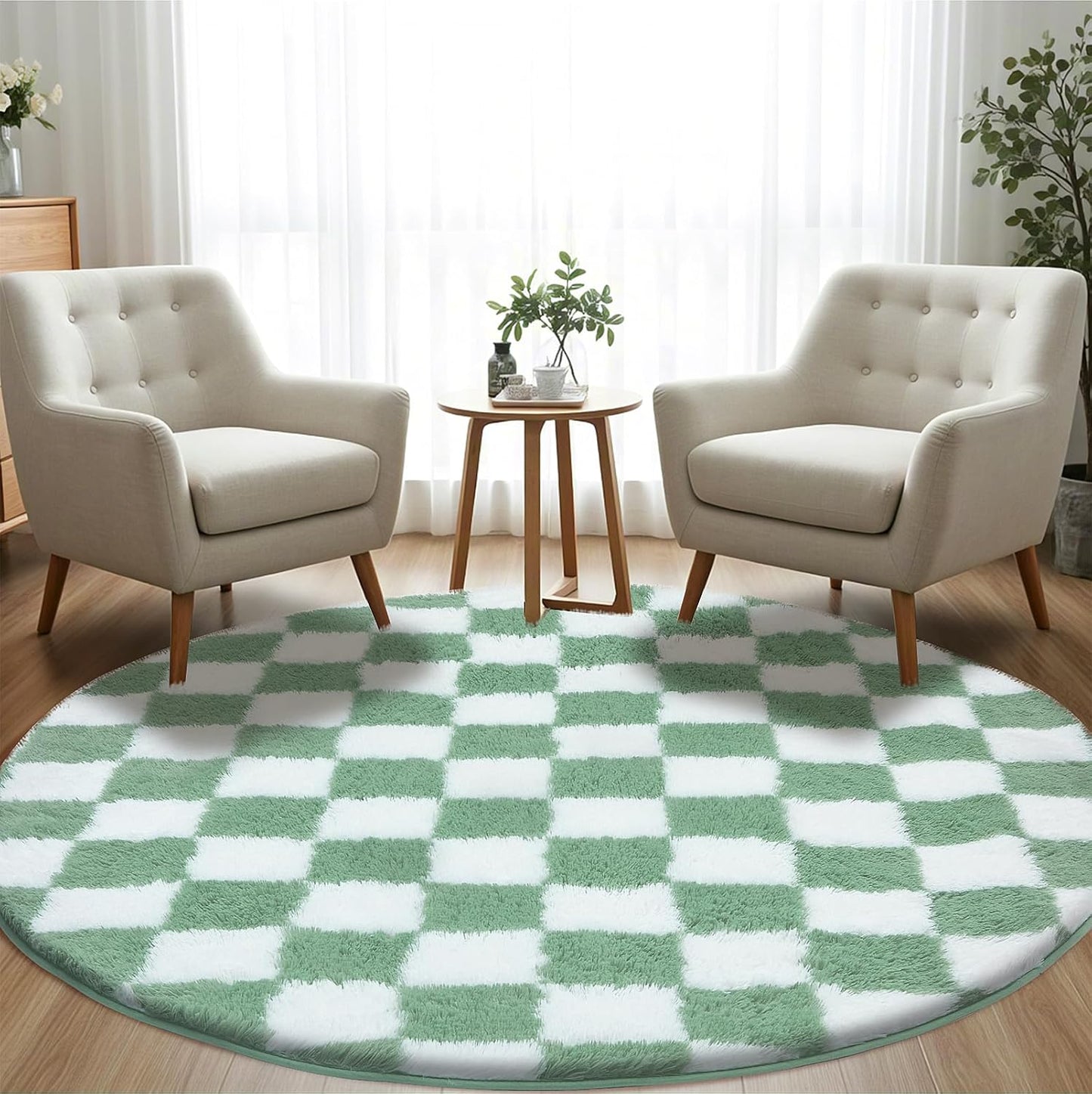 Super Soft Rug, Round Rug for Bedroom, 4X4 Ft Sage Green and White Checkered Round Rug Non-Slip High Pile Cute Soft Fluffy Rug for Living Room Bedroom Kids Room