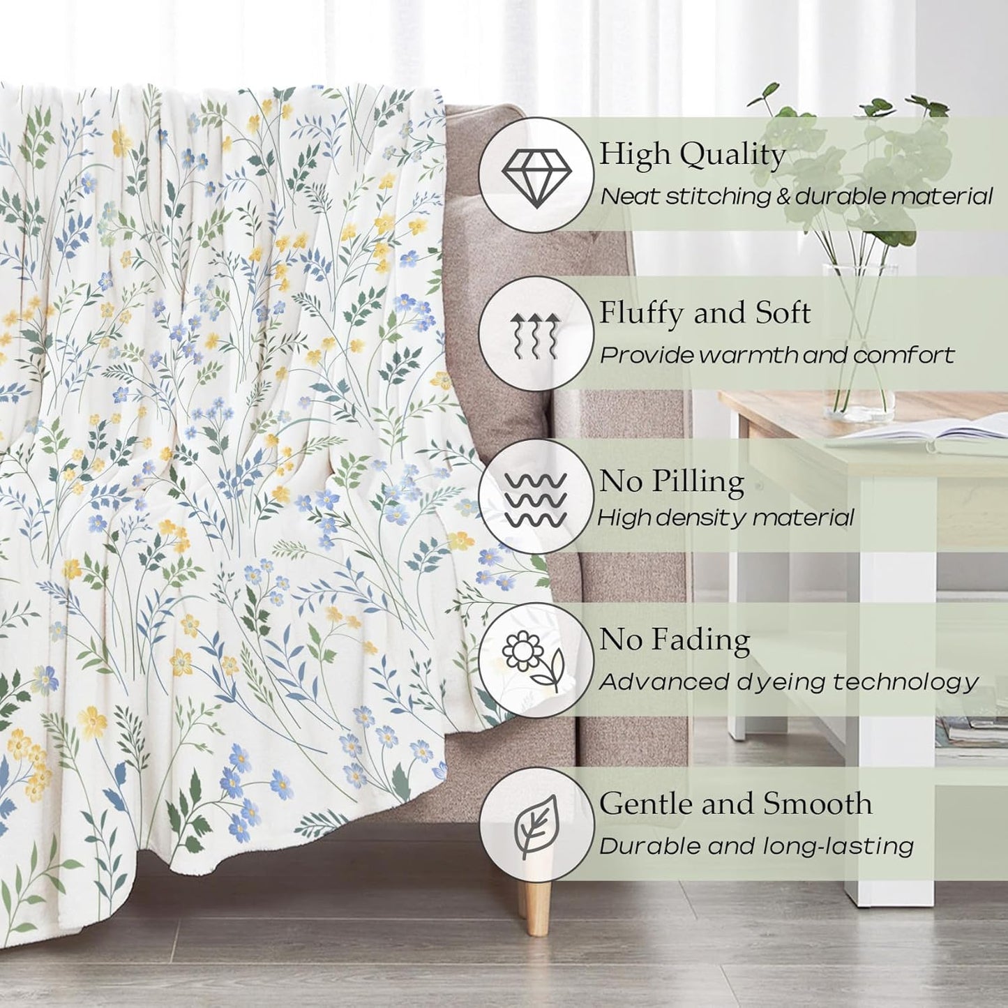 Spring Floral Throw Blanket Country Blue and Yellow Flower with Green Leaf Plant Pattern Soft Cozy Flannel Fleece Blankets for Couch Sofa Bed Chair Ideal Gifts for Women Mom Wife, 50" x 60"