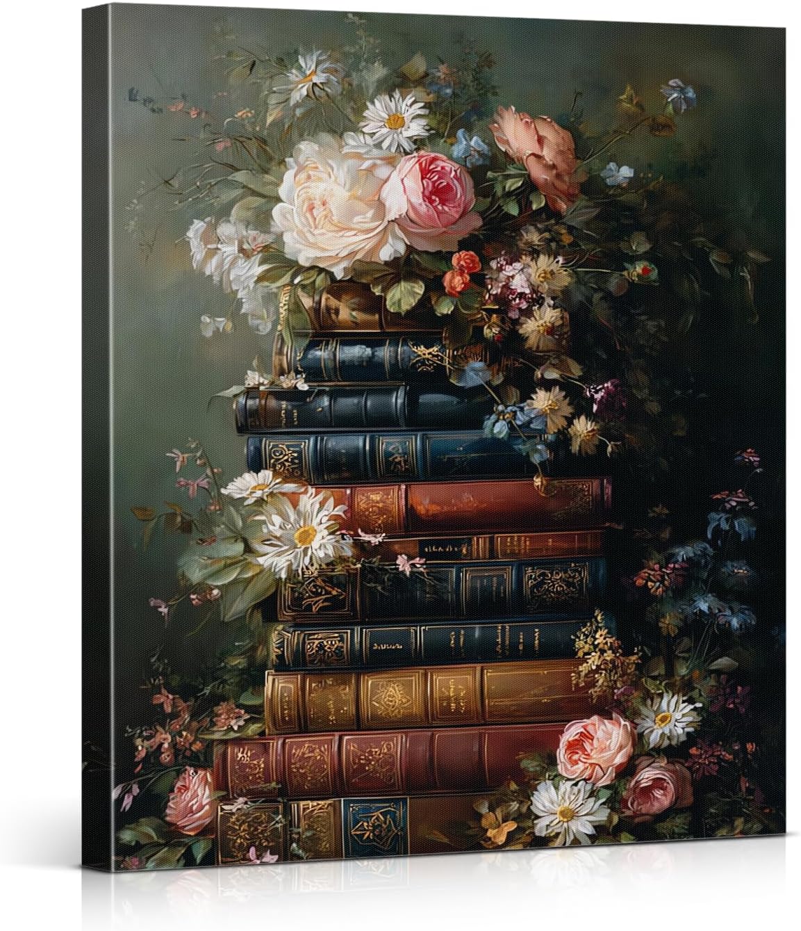 Gothic Floral Books Wall Art Print - Vintage Book Flowers Canvas Poster Painting - Dark Academia Wall Decor for Home Reading Nook Library 8x10 Inch Framed