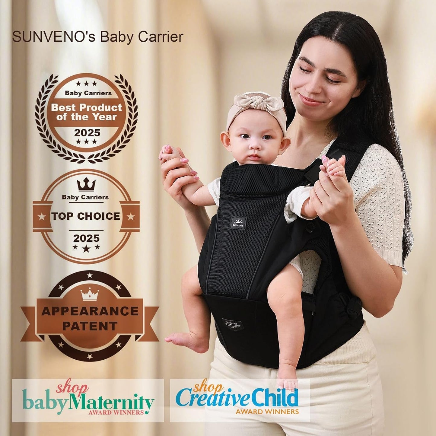 SUNVENO Baby Carrier for Newborn to Toddler – CPC-Certified Breathable Mesh Hip Seat Carrier, Supports 7-45 lbs for Inward/Outward-Facing Front & Back Carry, Adjustable Waistband, All-Season